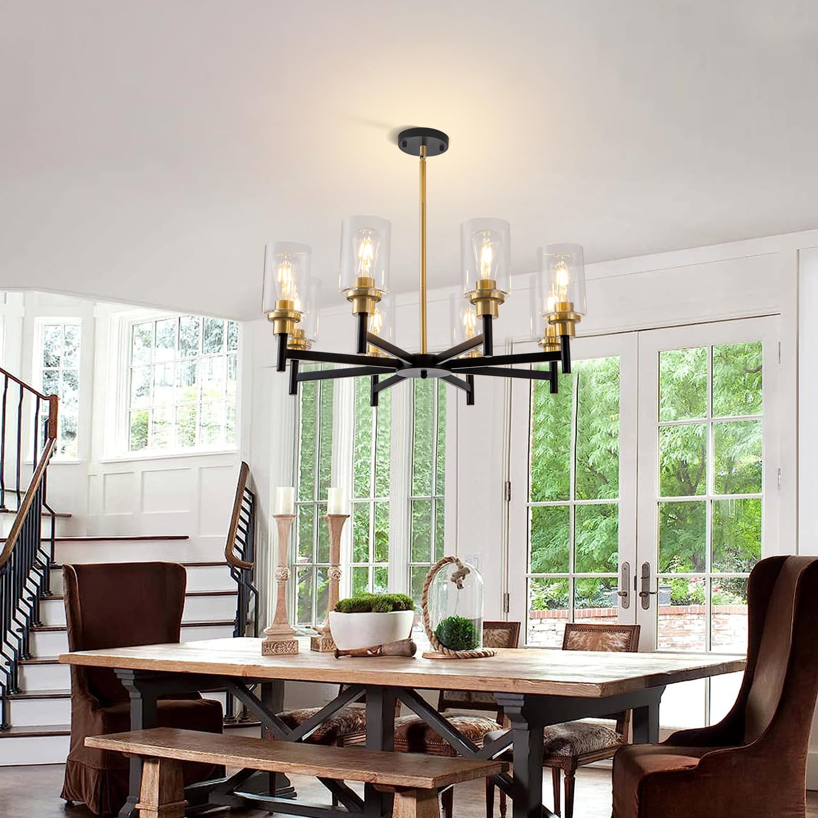 Hccz 8 Light Gold Chandelier For Dining Room Light Fixtures Black & Brushed Brass Modern Farmhouse Chandelier Industrial Hanging