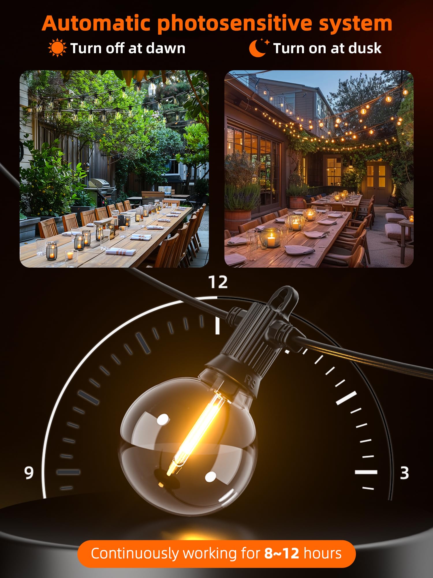 Kawaya Solar Powered String Lights - 100FT Outdoor IP65 Waterproof LED, Black, Shatterproof Edison Hanging Lights for Patio and Camping