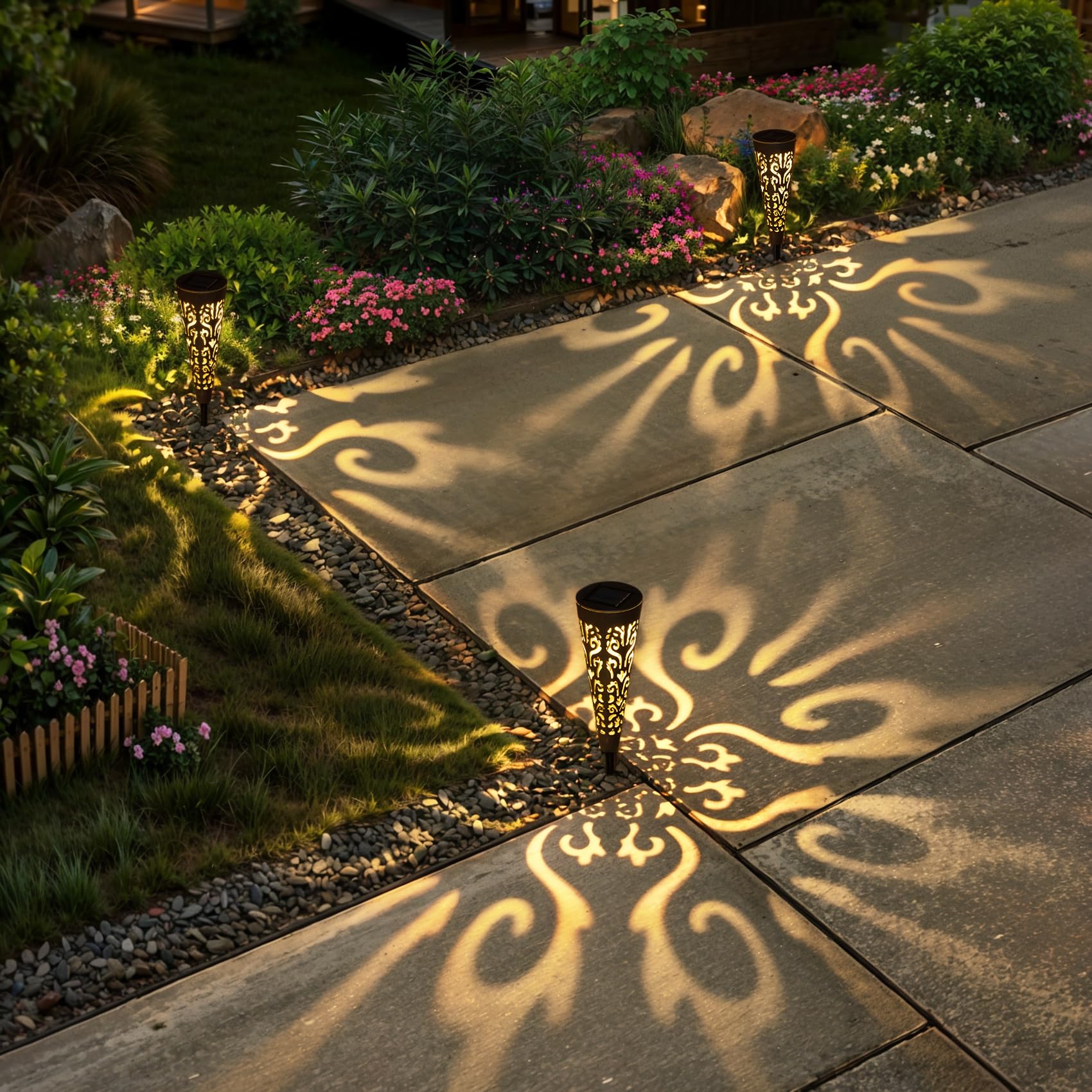 Go2garden Solar Lights - 6Pcs Decorative Conical Garden Stakes for Patio, Yard, Lawn, Black