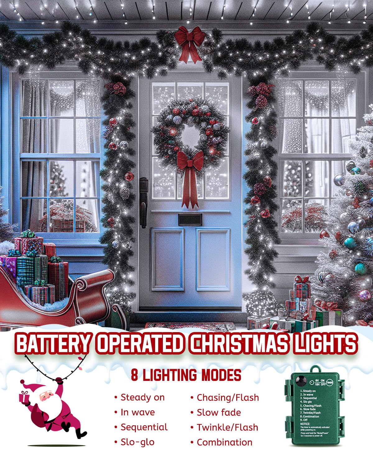 Brightown Christmas Cluster Lights Battery Operated Outdoor, 10Ft 120 LED Christmas Tree Lights Firecracker String Lights Waterp
