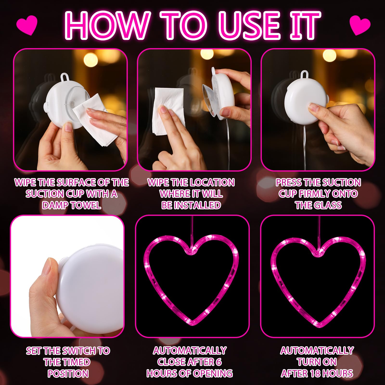 Baquler 5 Pcs Battery Operated Heart LED Lights, Pink, Timed with Suction Cup, Model SIL-Baquler-2028 for Valentines Day Decor
