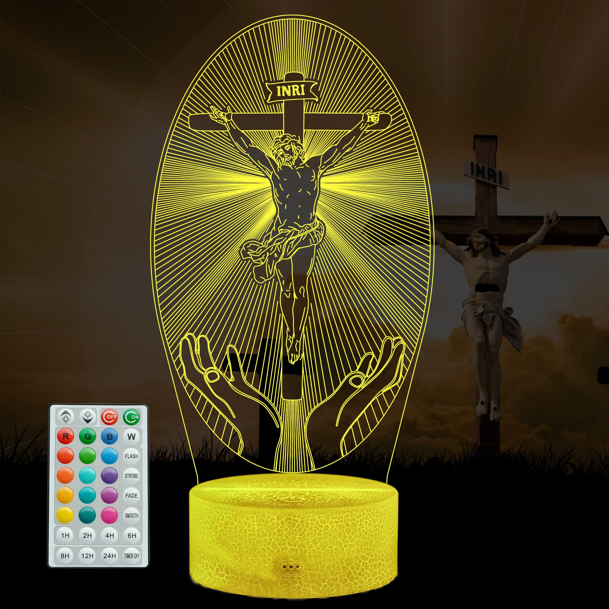 POSSHE Cross 3D Night Light, Jesus Lamp, 16 Colors Changing, Remote Control with Timer, RGB Flashing Mode and Dimmable, Jesus Gi