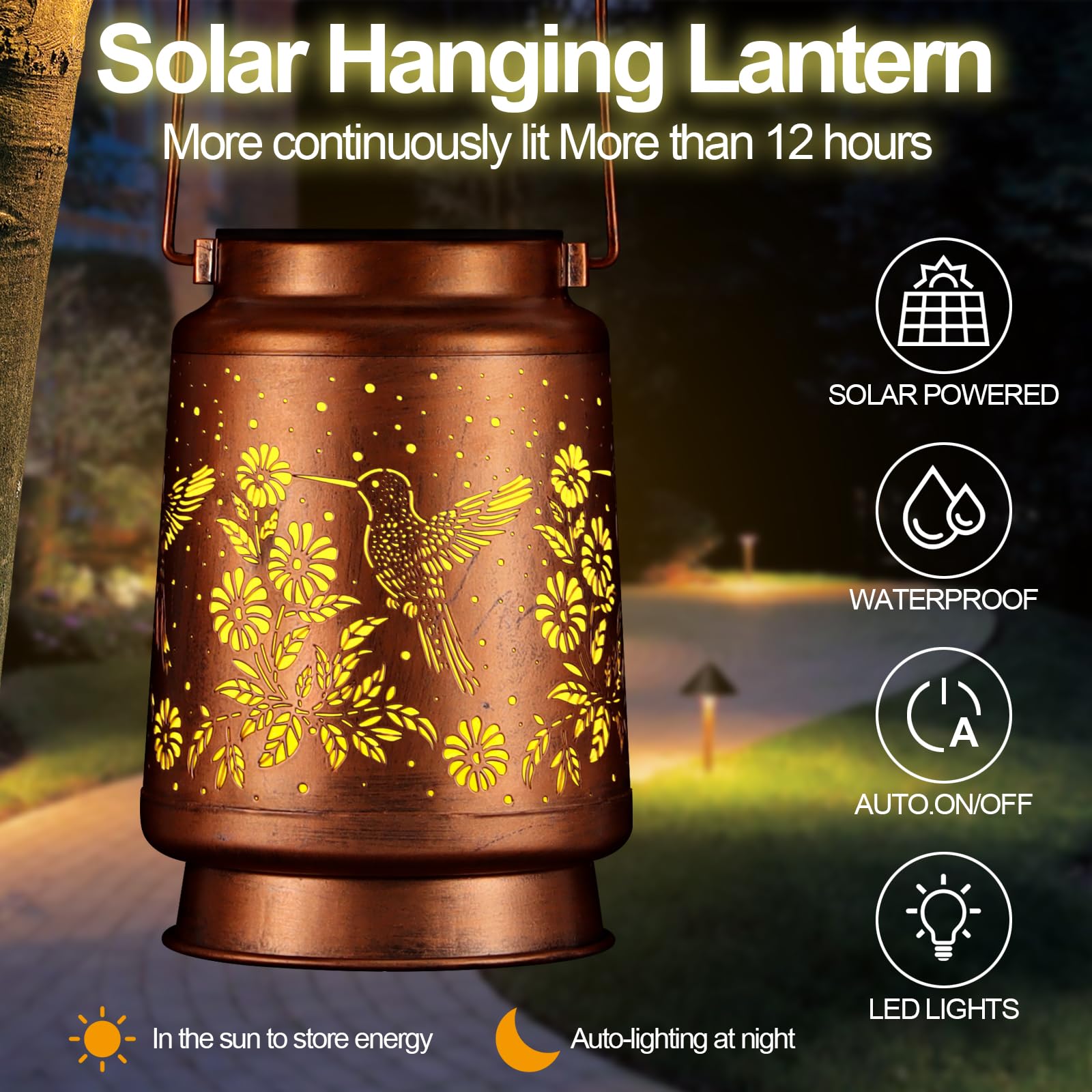 Solar Lantern Outdoor Hanging Waterproof Outside Metal Openwork Hummingbird Pattern Birthday Gifts For Women Mom Landscape Lights For Porch Garden Yard Patio Pathway Decor(Great Hummingbird)