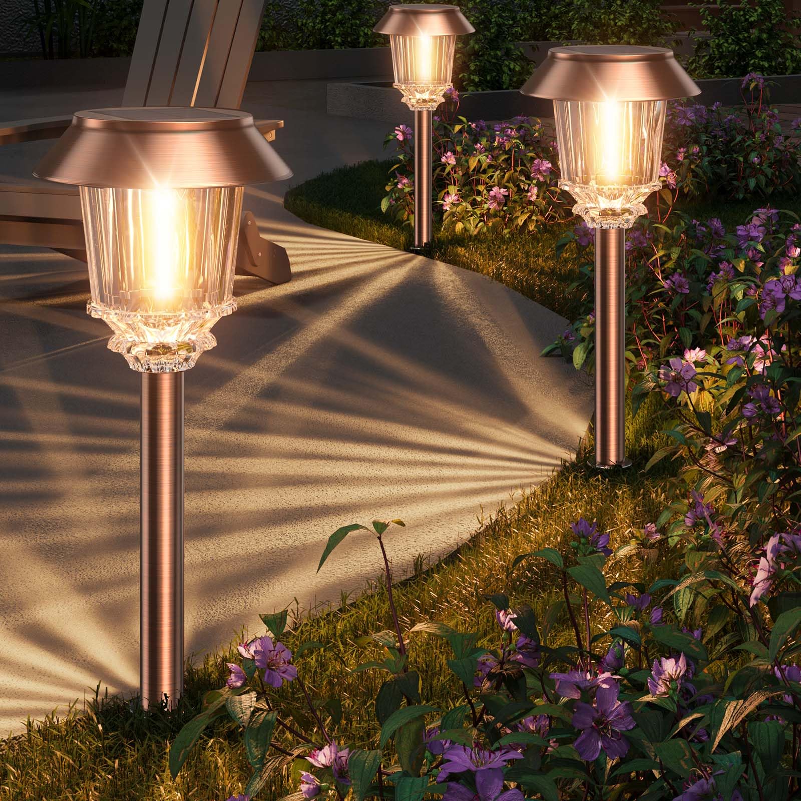 XMCOSY+ Solar Pathway Lights - 6 Pack Waterproof Dimmable 10-40 LM Warm White Aluminum Copper SL-1802-06