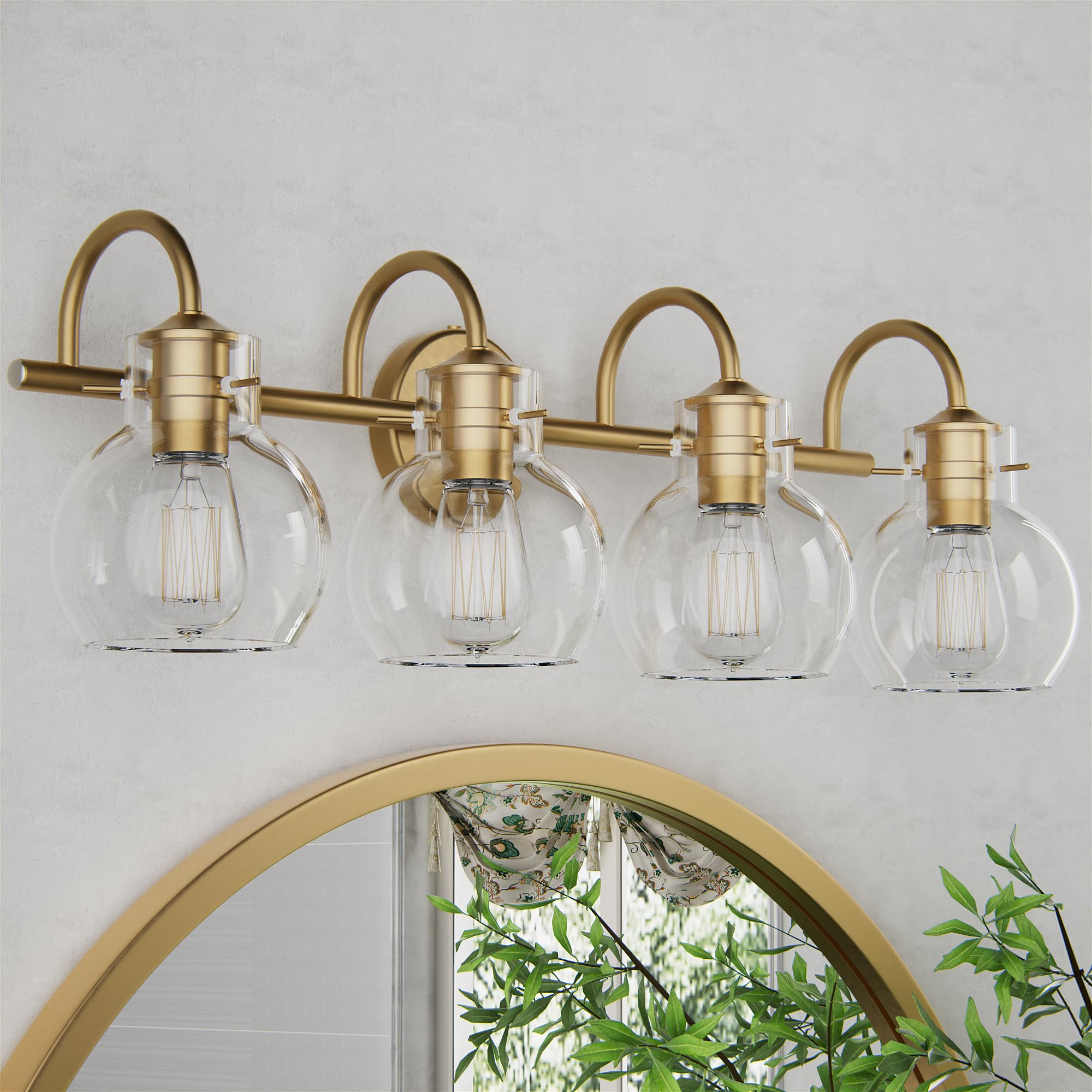 Primeplus 4-Light Gold Bathroom Vanity Light Fixtures, 24 Inch Bathroom Light Fixtures Over Mirror With Clear Glass Shade Wall Mounted Sconces Lighting For Bathroom, Living Room, Hallway, E26 Base