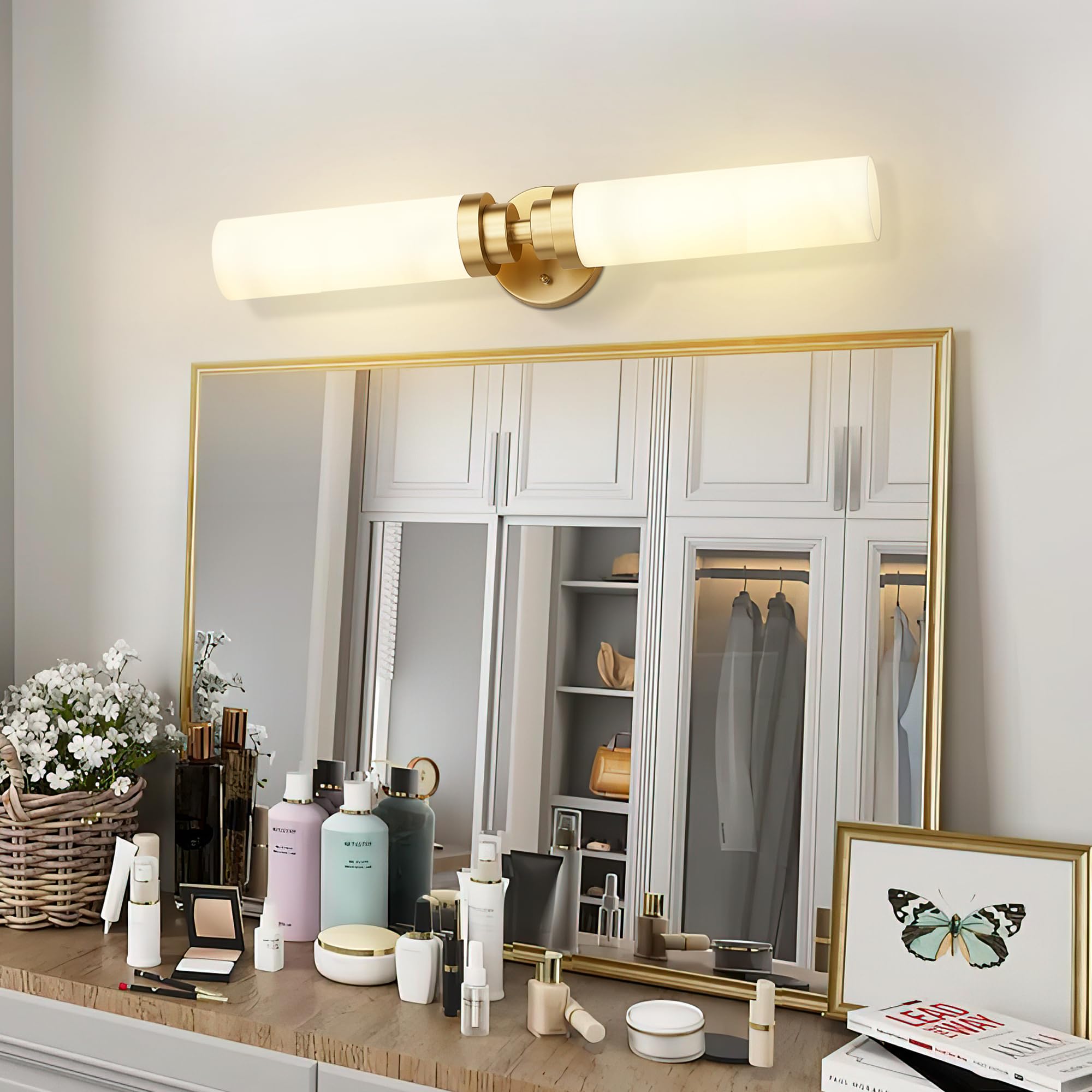 Emak Gold Vanity Lights For Mirror, 2 Light Bathroom Light Fixtures Over Mirror, Modern 22 Inch Wall Sconces With Milk Glass Sha