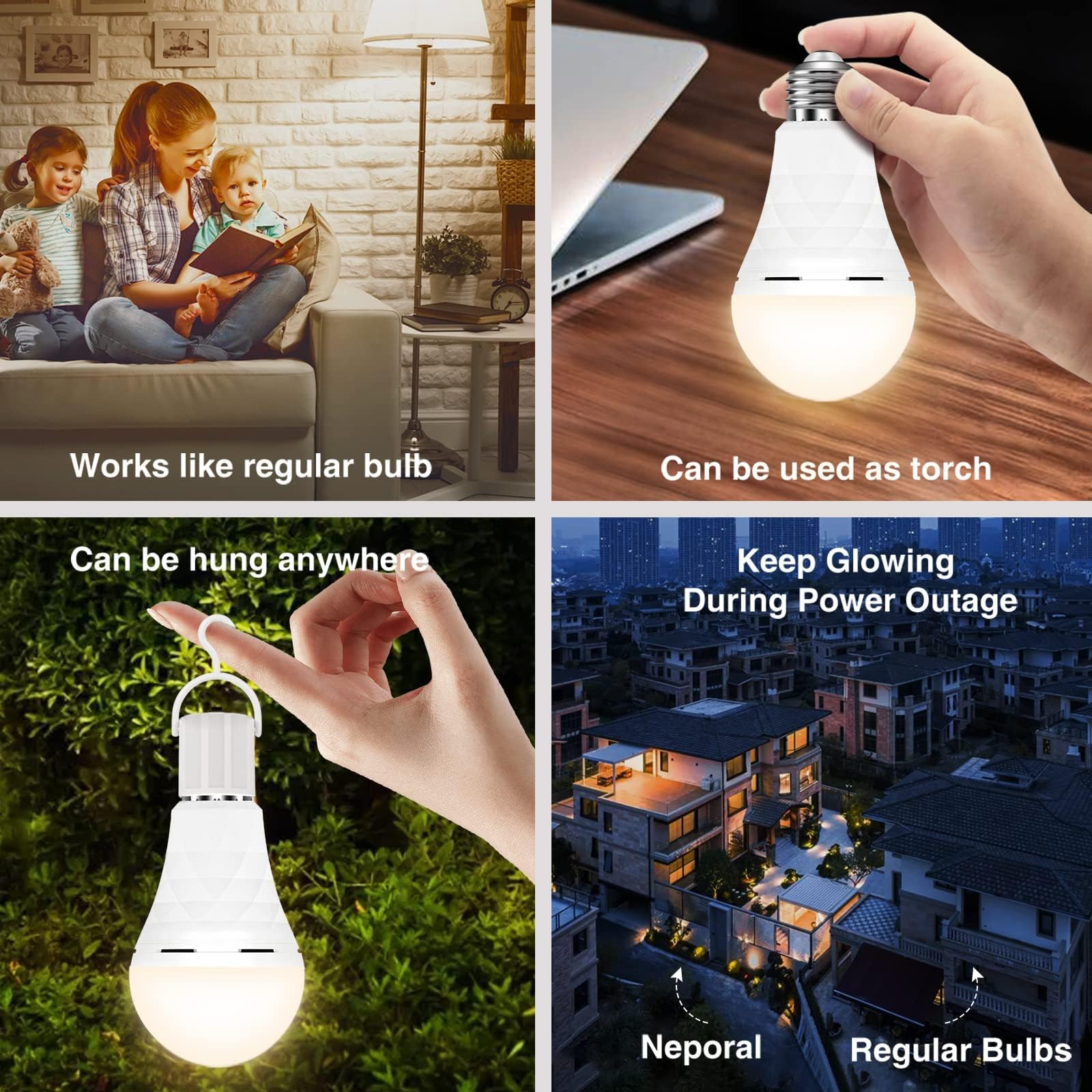 Neporal A19 Rechargeable Light Bulbs, 60W Equivalent, 1200mAh Battery Backup, Soft White, 6 Count, QP-15W