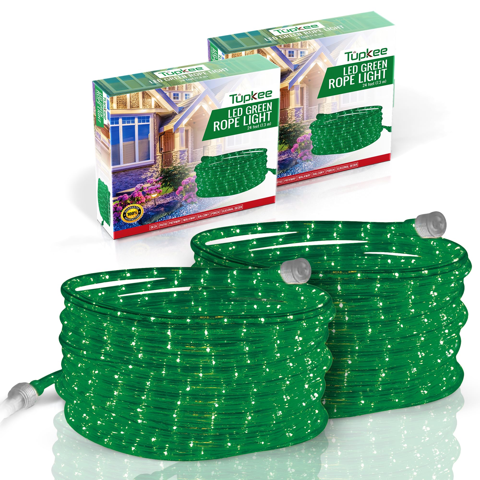 Tupkee LED Rope Light 24ft Green, Indoor/Outdoor Use, 10mm Diameter, Pack of 2, Long Life 144 LED Bulbs, PVC Tube and Copper Wire