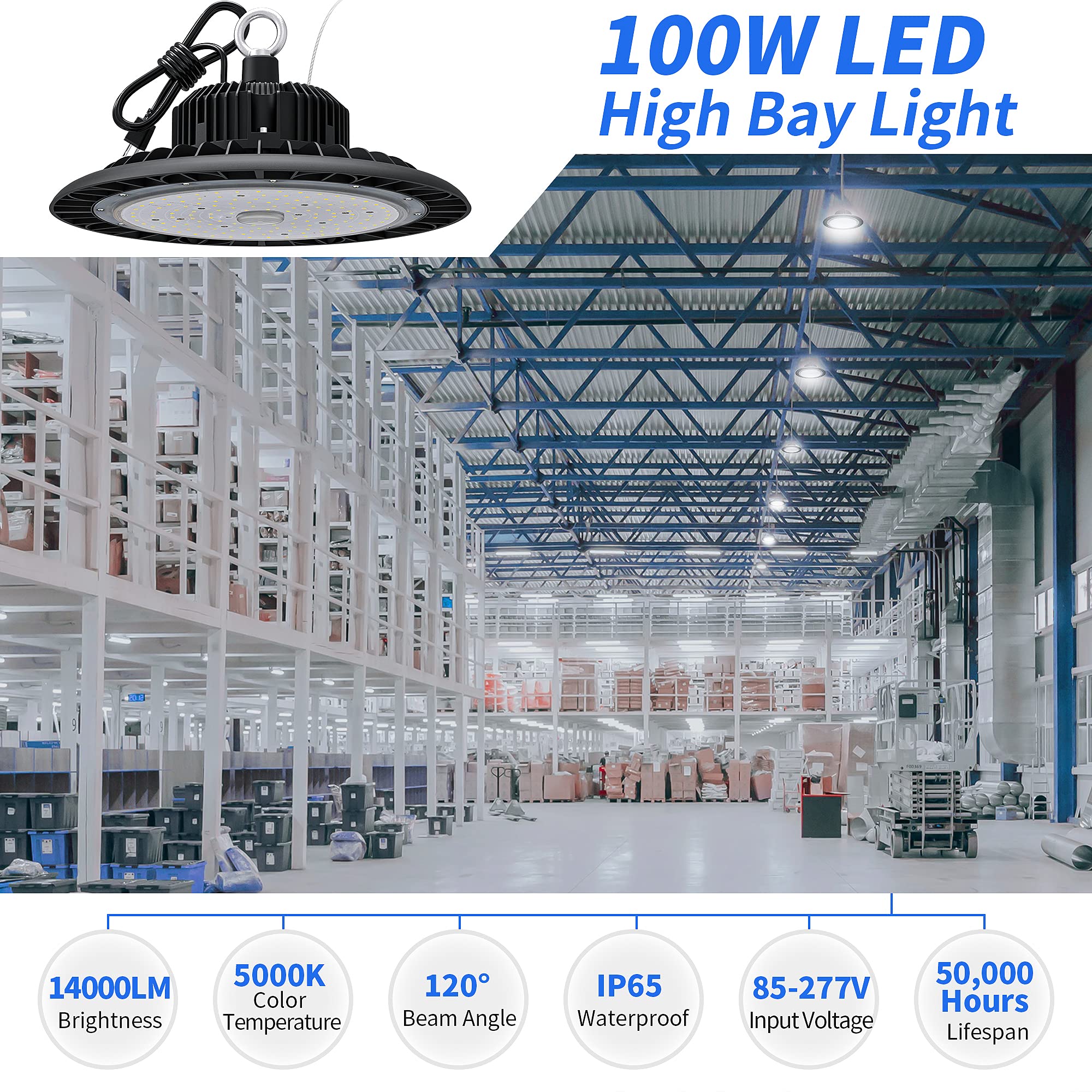 Hugtek UFO LED High Bay Light 100W, 14000 LM, IP65 Waterproof, 5000K Daylight, Aluminum, Black, Model HT-AUFO100E