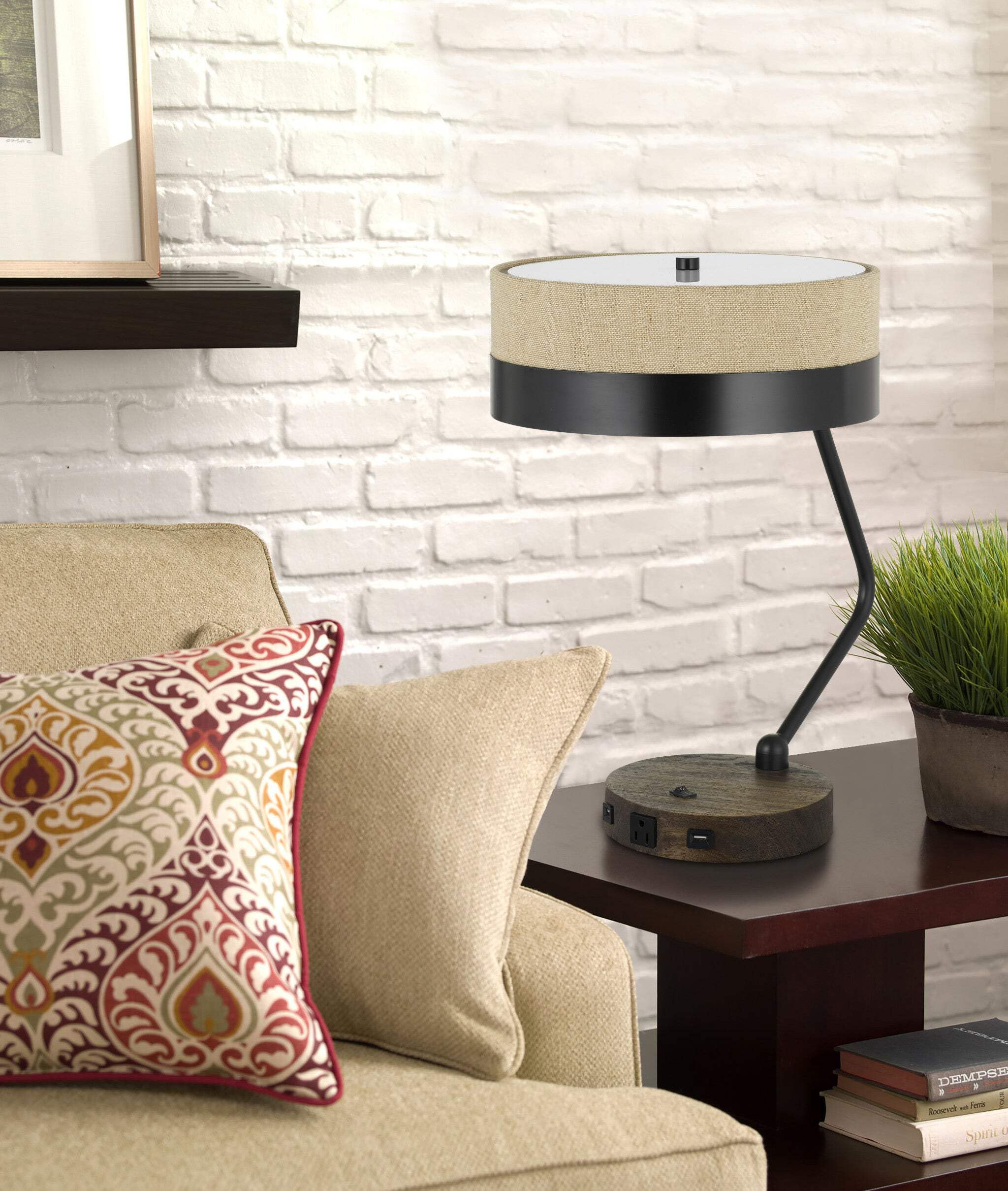 Homeroots 20 In. Metal Desk Lamp - Two Light Usb Table Lamp With Beige Drum Shade, Model 524698, Perfect For Home Office And Study