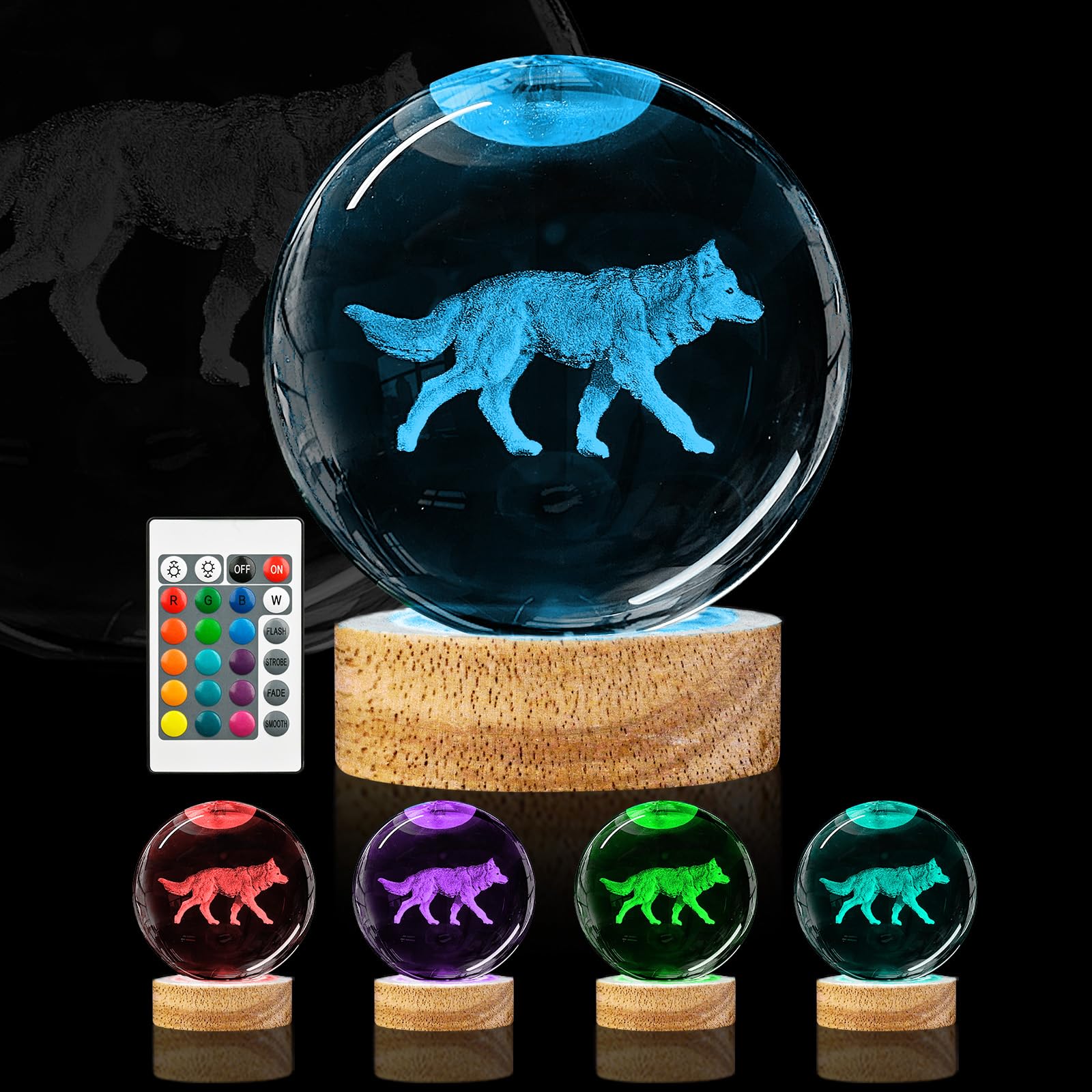 Oriamde 3D Wolf Crystal Ball Night Light 3.15 inch Wolf Figurine Glass Ball Lamp with 16 Color Changing Wooden Base Wolf Home De