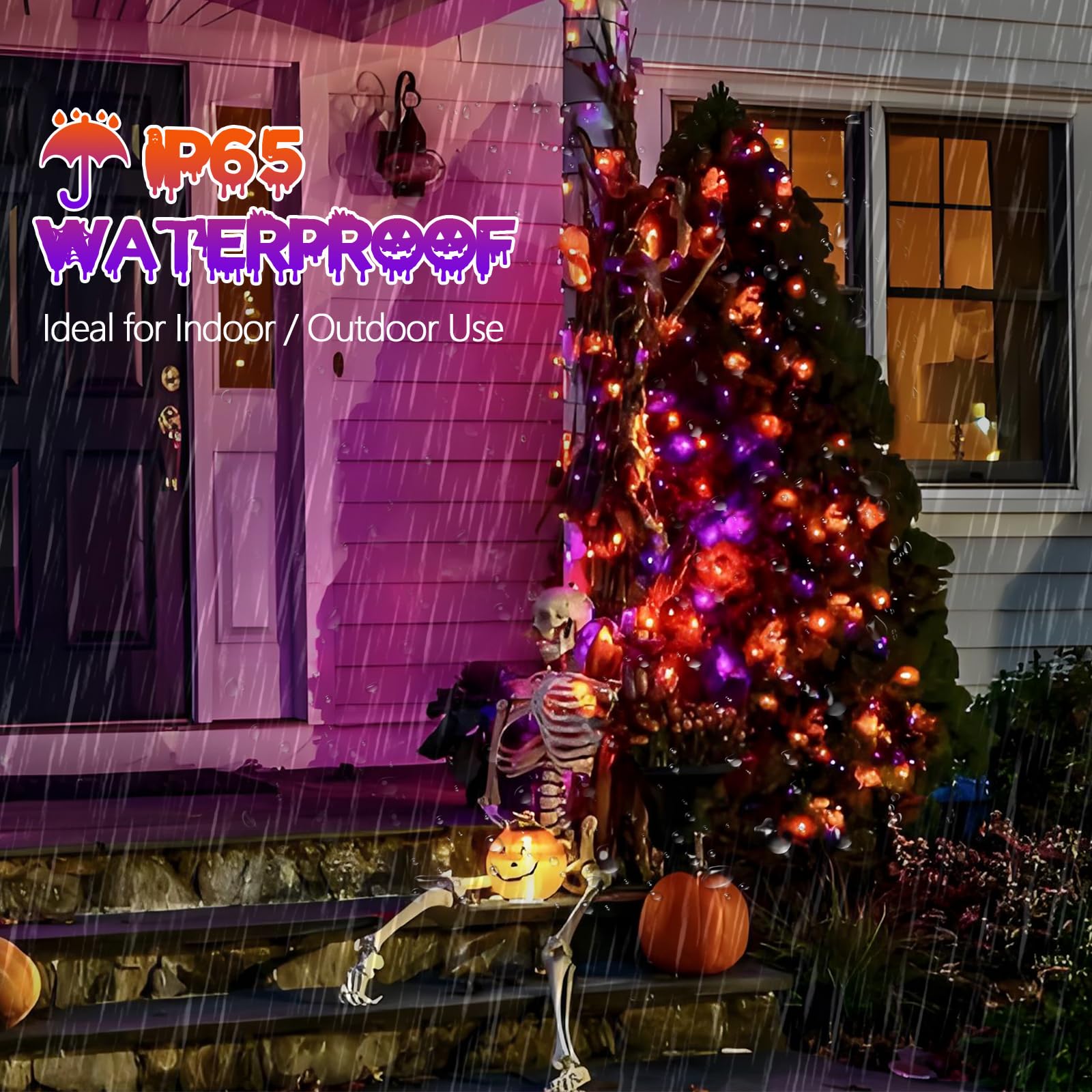 4Pk Orange And Purple Solar Halloween Lights Outdoor Waterproof, 400Led 132Ft Solar Powered Led String Lights Black Wire With 8