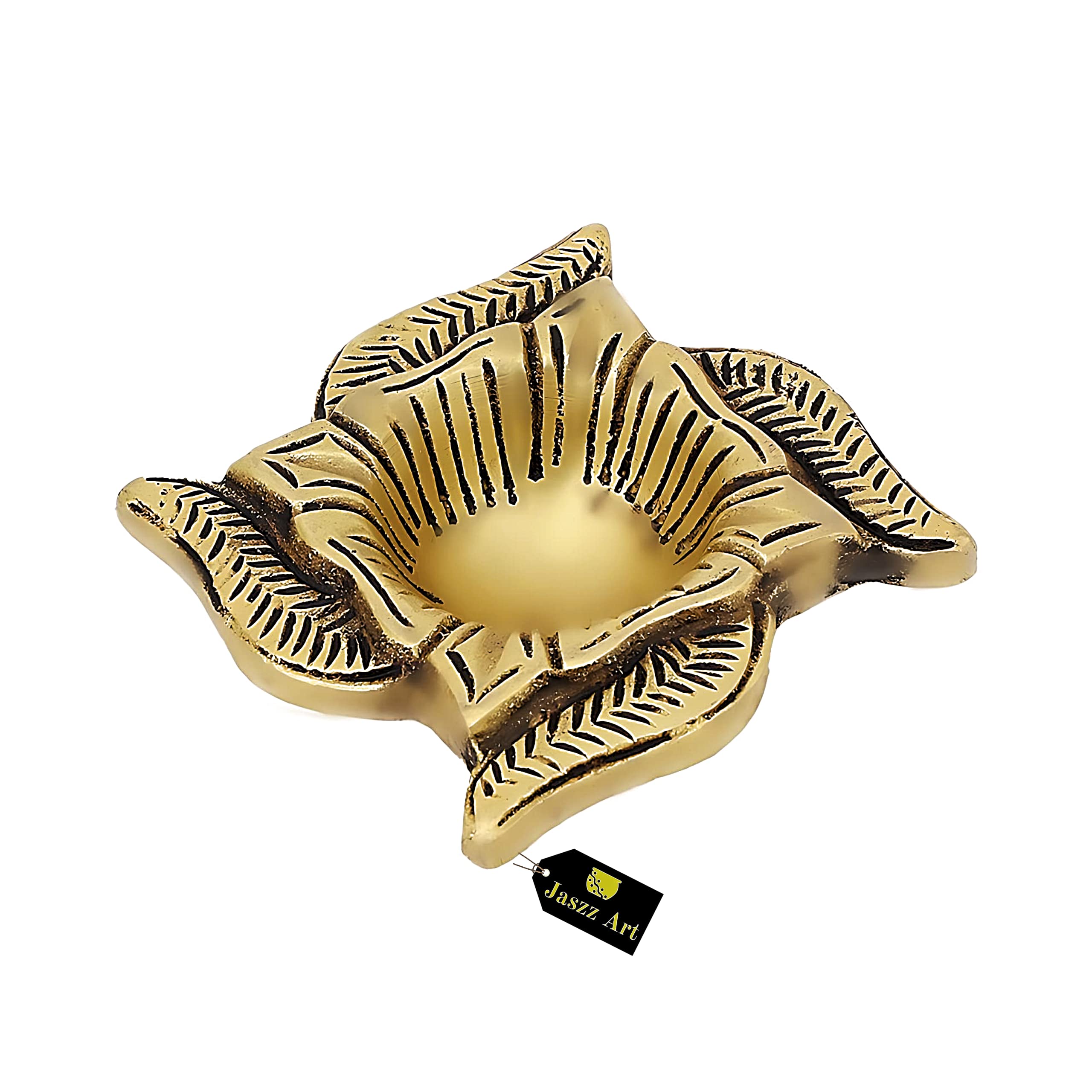 Jaszz Art Brass Diya (4 inches and 800g) Swastik Ethnic Design Handmade Curved Oil Wick Antique Kuber Deepak Lamp for Home Decor