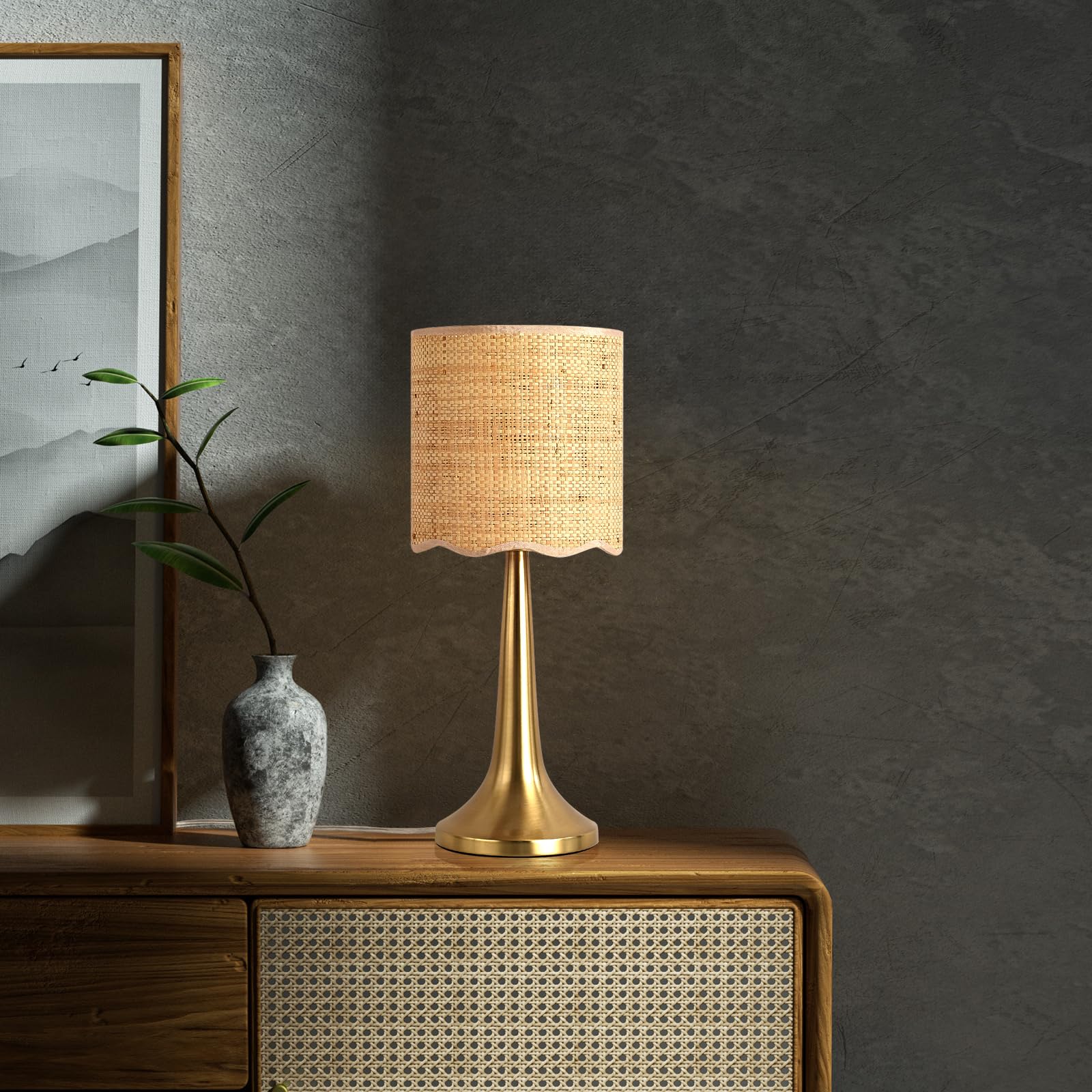 Gold Rattan Small Cute Table Lamp For Bedroom, Brass Gold Bedroom Lamps For Bedside Nightstand, Small Rattan Shade Table Shape L