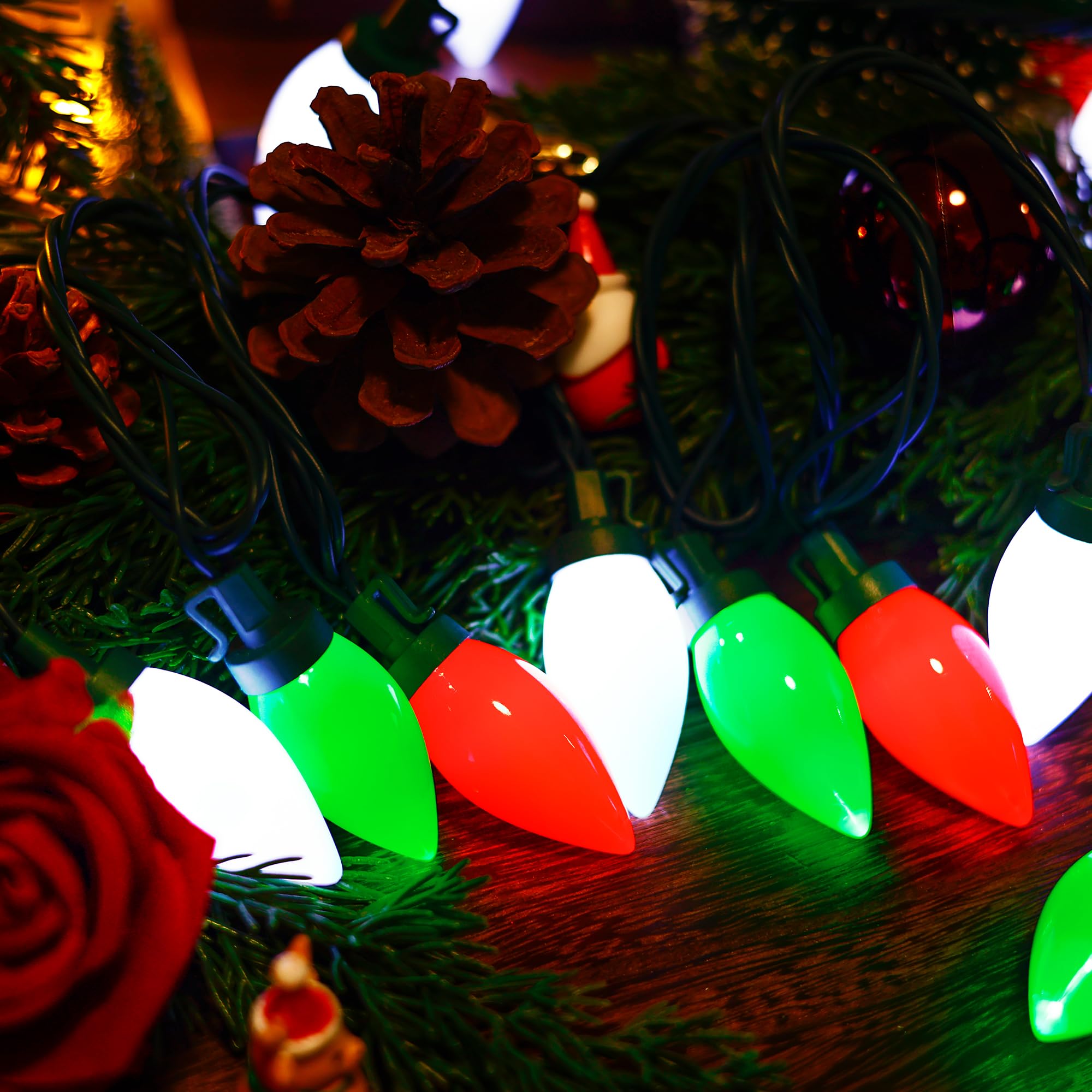 Hayata C9 Big Bulbs Classic Christmas Lights 50 Led 32Ft Strawberry String Light - Outdoor, Indoor, Garden, Yard, Party, Home, Wreath, Garland,Tree (Red White Green - 50Led)