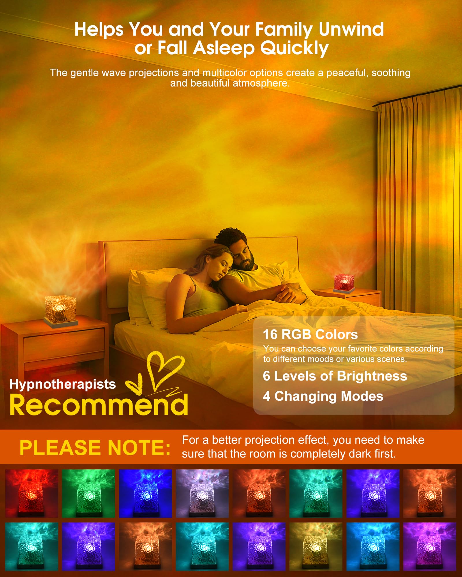 Smerkod Ocean Wave Projector Light, Cordless Rechargeable, 16 Colors, Remote Control, Acrylic, Cube, Model FXSW001
