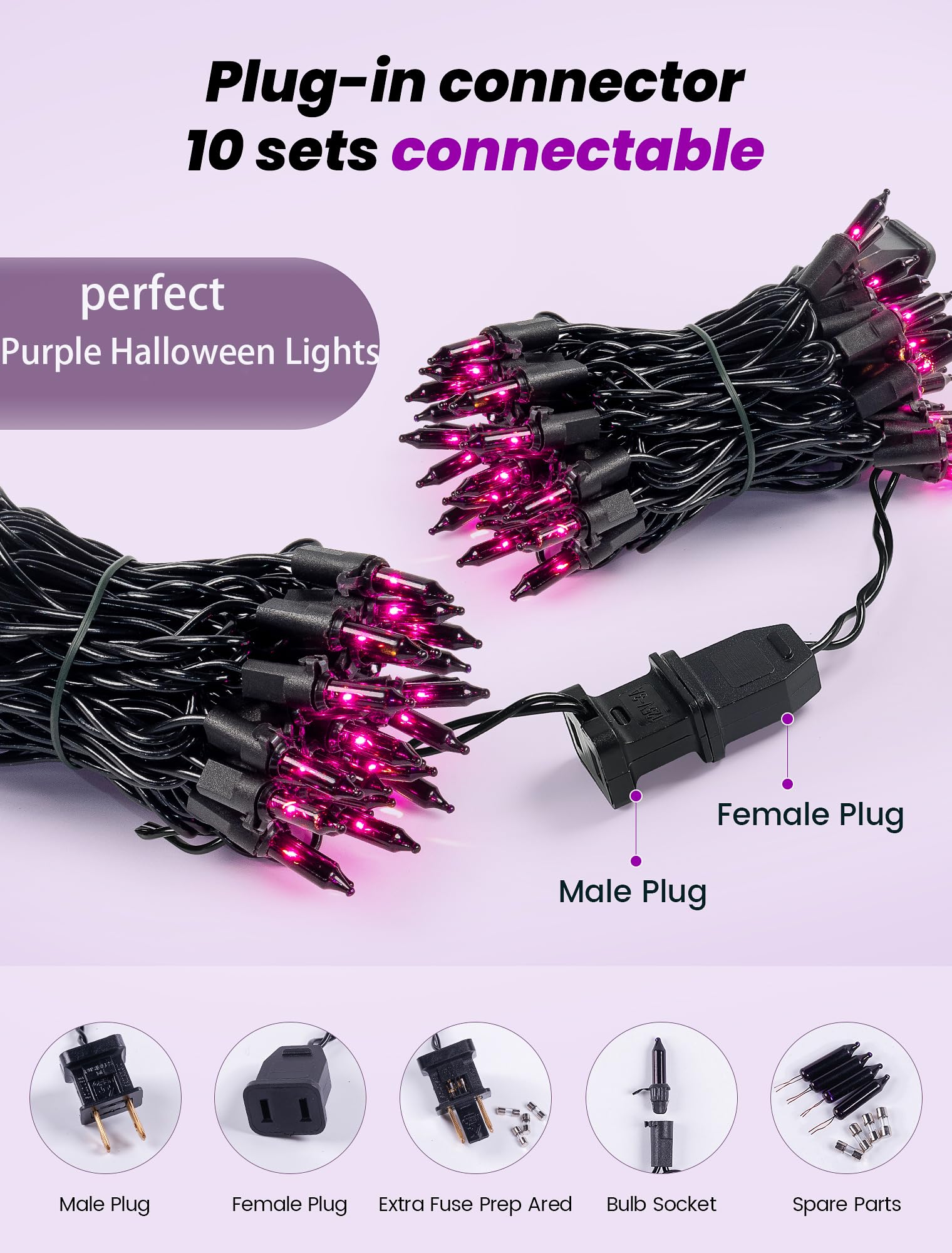 Hopolon Purple Halloween Lights 2Pack 13Ft 50Count Halloween Decorations Mini Purple String Lights With Black Wire Waterproof Ul Certified For Indoor Outdoor Christmas Tree Home Party Garden Holiday