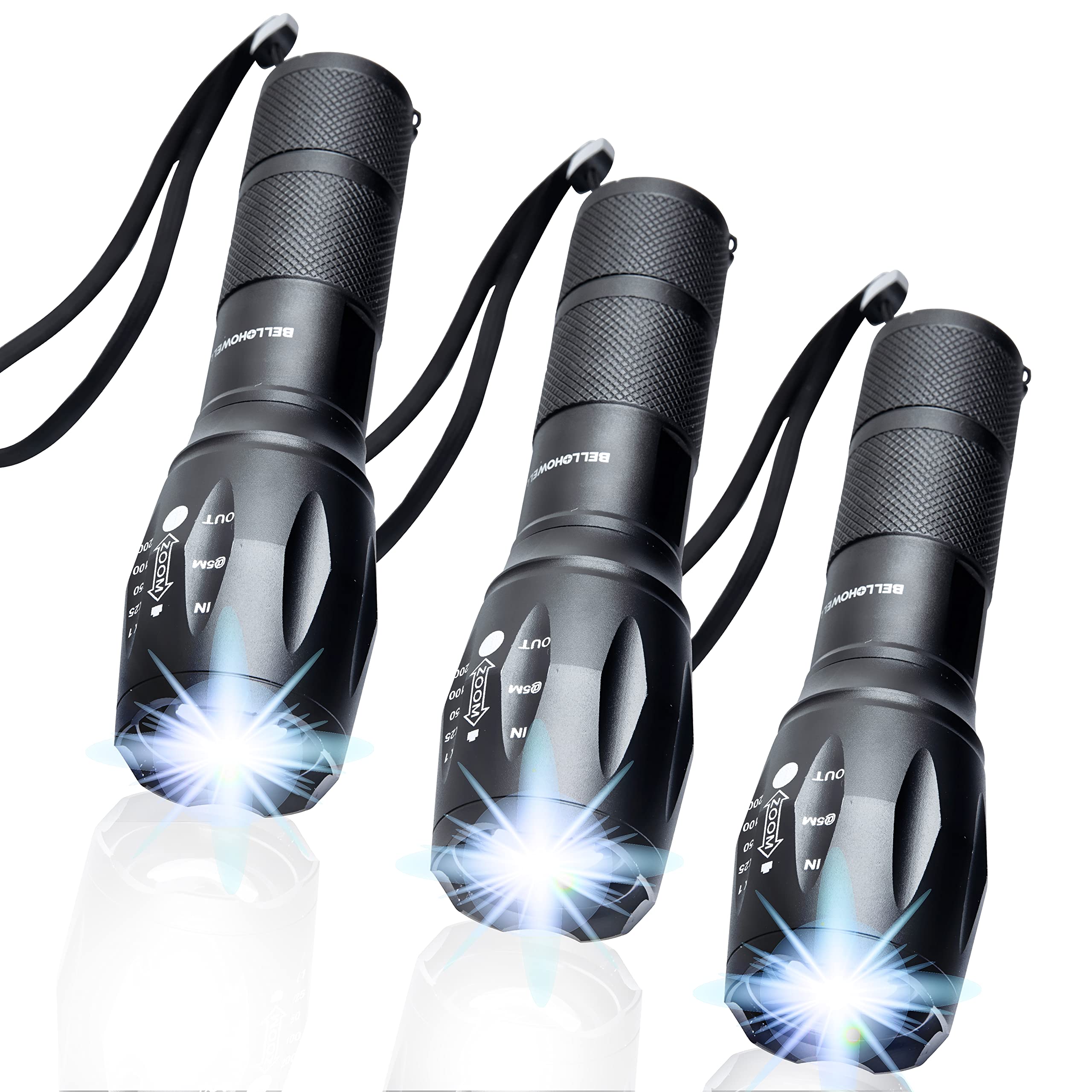 Bell+Howell Taclight 3 Pack Tactical Flashlights, High Lumens, Zoomable, Waterproof, Aluminum, Black, Model 9386