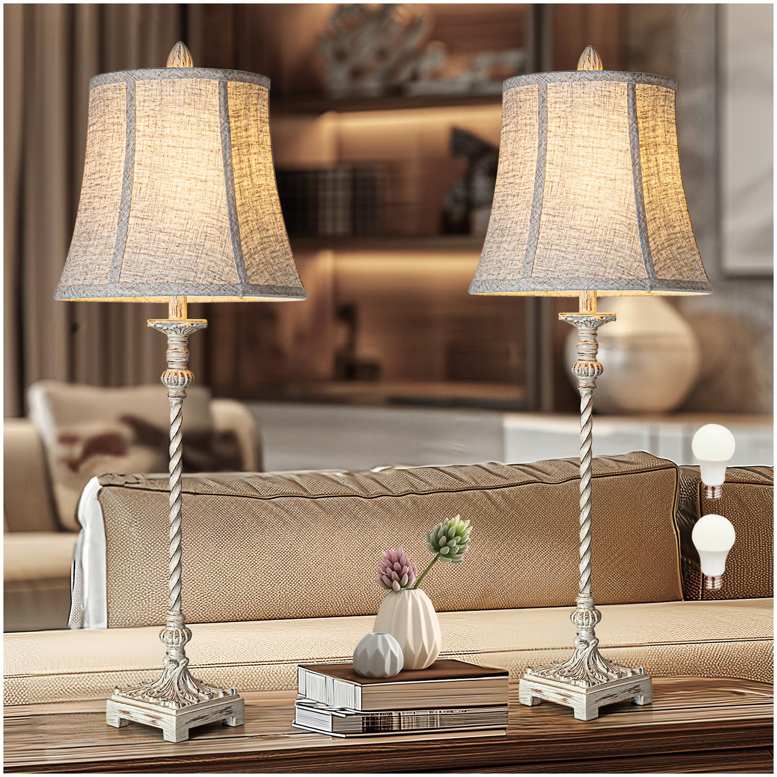 LuxSight European Country Vintage Style Candle Stick Buffet Table Lamp 33'' Tall Ivory White Linen Fabric Soft Bell Shade Stepless Dimming for Living Room Bedroom Dinning Family House Study Room