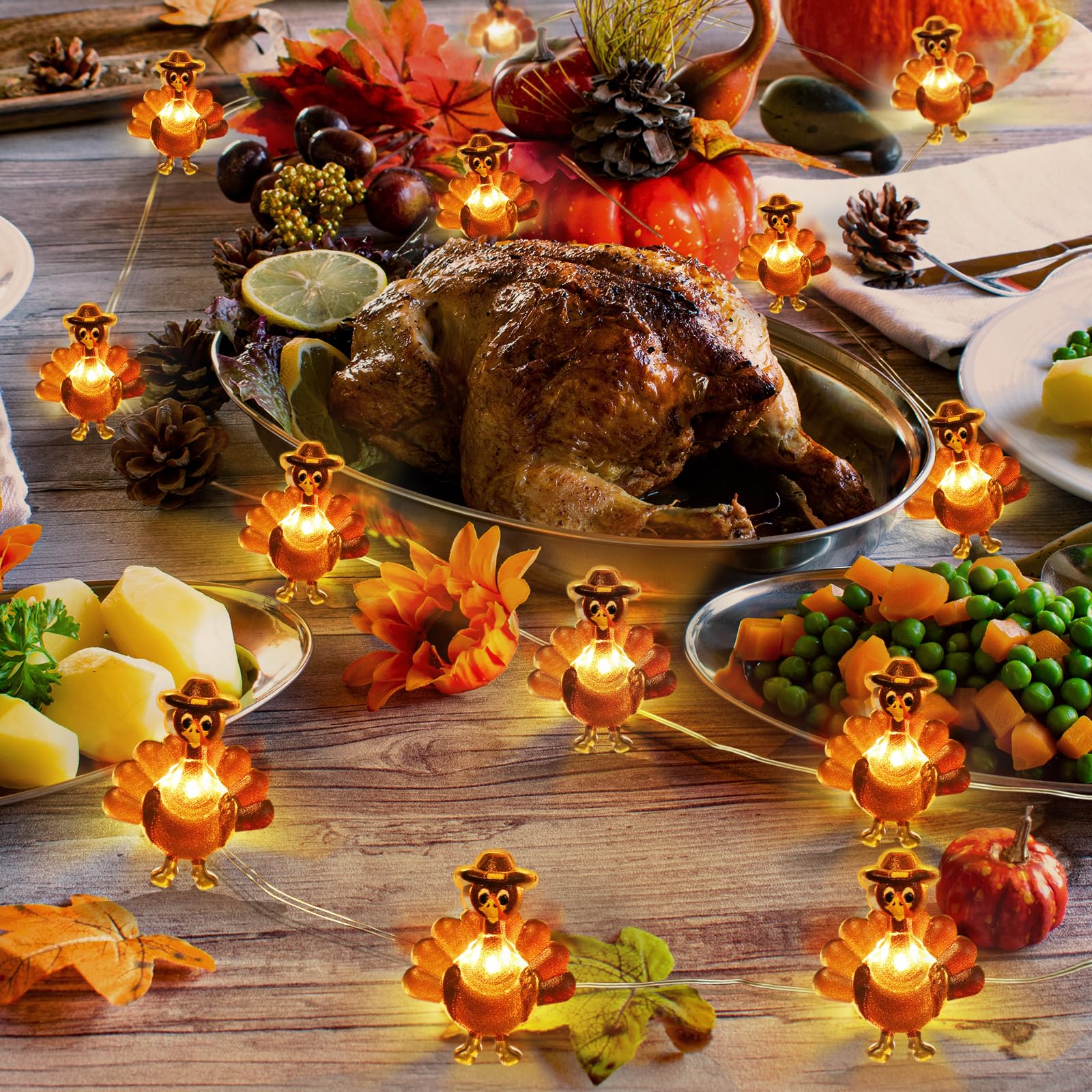 Sakayo [Timer] Fall Thanksgiving Turkey Lights Decorations, 10FT 30LED Copper Wire Fairy Lights Thanksgiving Turkey Decor, Thank