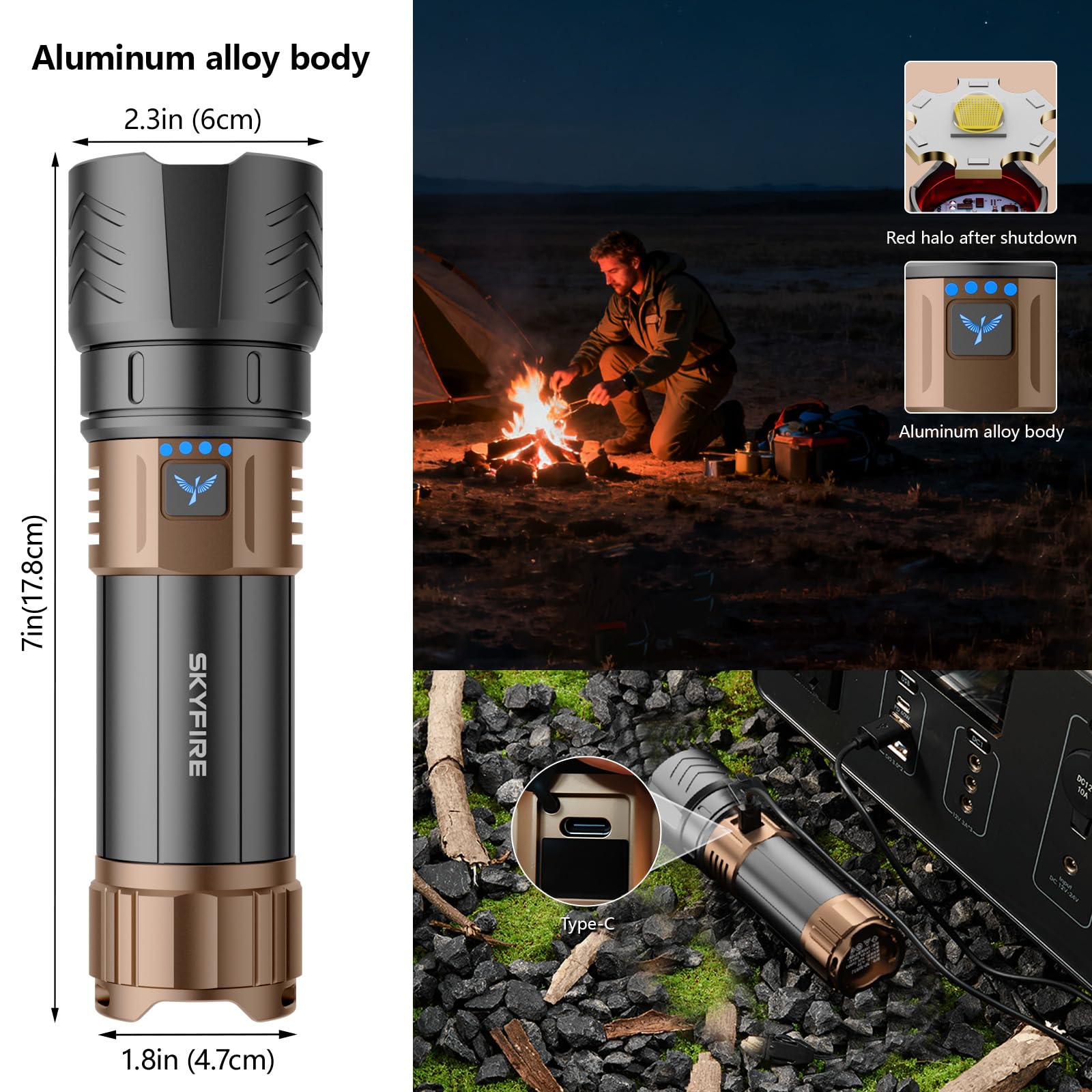 SKYFIRE Rechargeable Flashlight 3000lm Super Bright, Zoomable, Waterproof, Aluminum Alloy, Model SF-1097-Type, Color: Plus