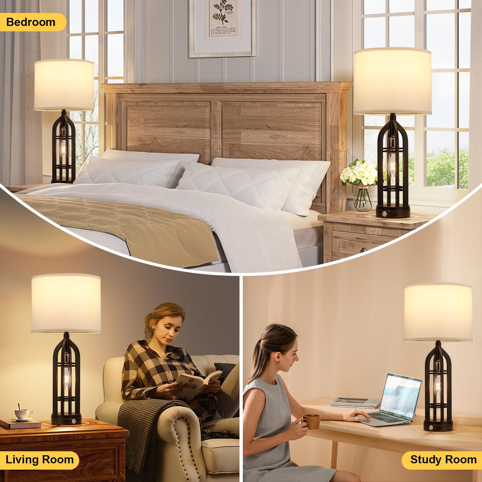 Seealle Table Lamp Set of 2 - 3-Way Dimmable Touch Lamps with USB C+A & Outlet, White Shade & Black Body, Model 09162
