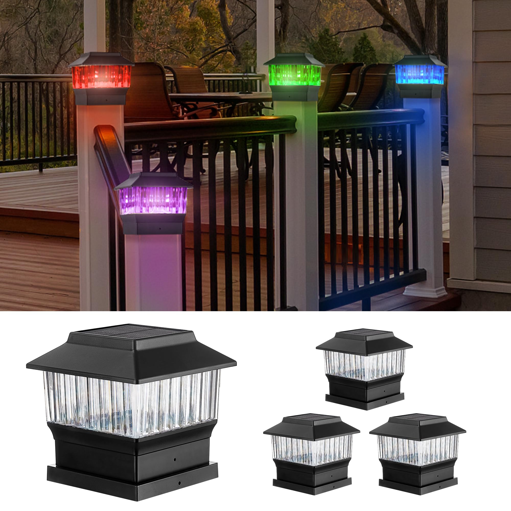 Moon-De-Age Rgbw Solar Post Cap Lights, 50 Lumen, 4 Pack For Fence & Garden - Black