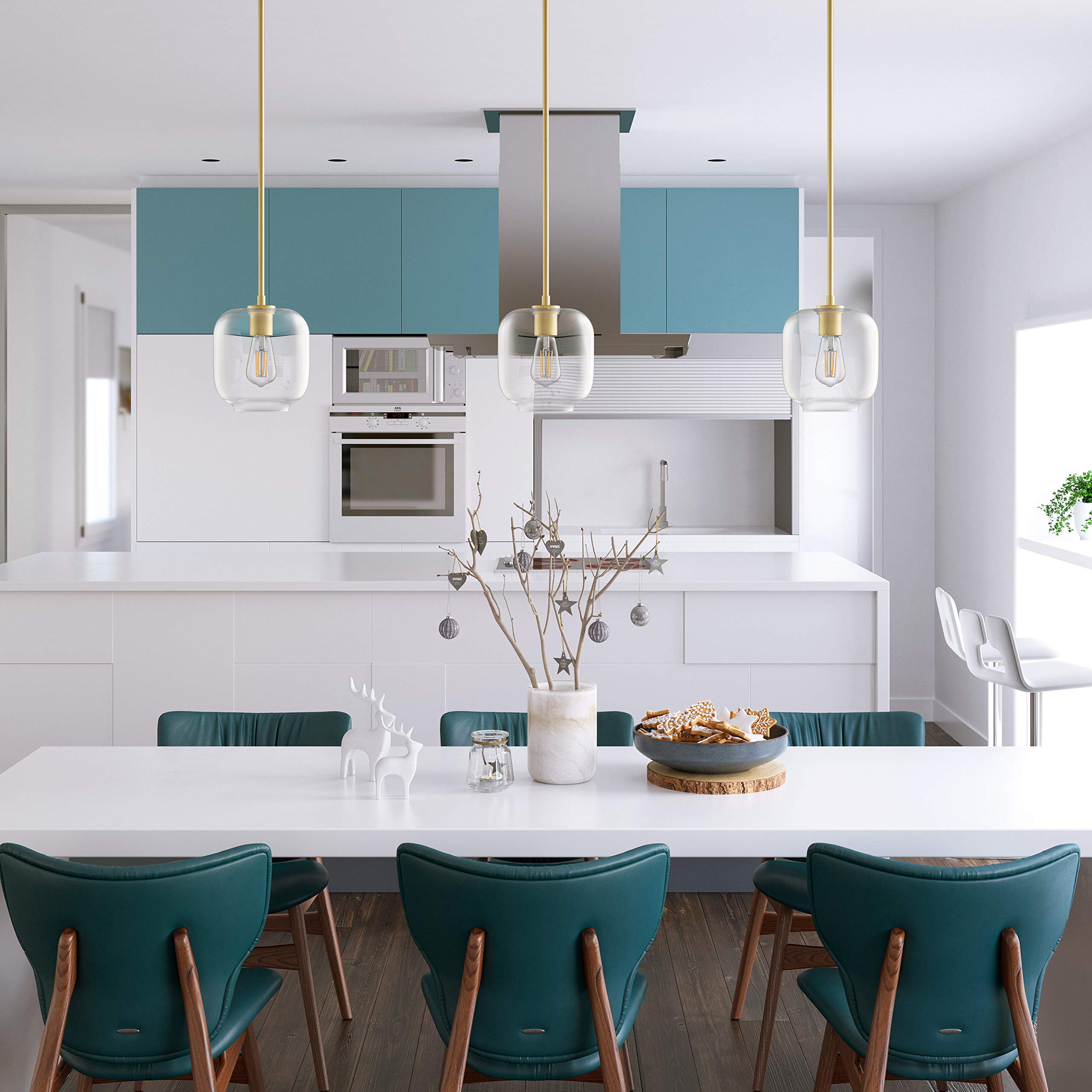 Linea di Liara Piarra Pendant Light, Satin Brass, Square Clear Glass Shade, Model LL-P622-3SB, Ideal for Kitchen Island and Over Sink Lighting