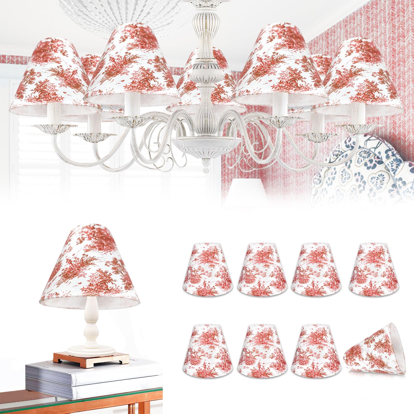 Set of 8 Small Chandelier Shade French Countryside Toile Shade 3 x 6 x 5 Lamp Chimney Cover for Table Chandelier Wall Lamp (Red-Vintage)