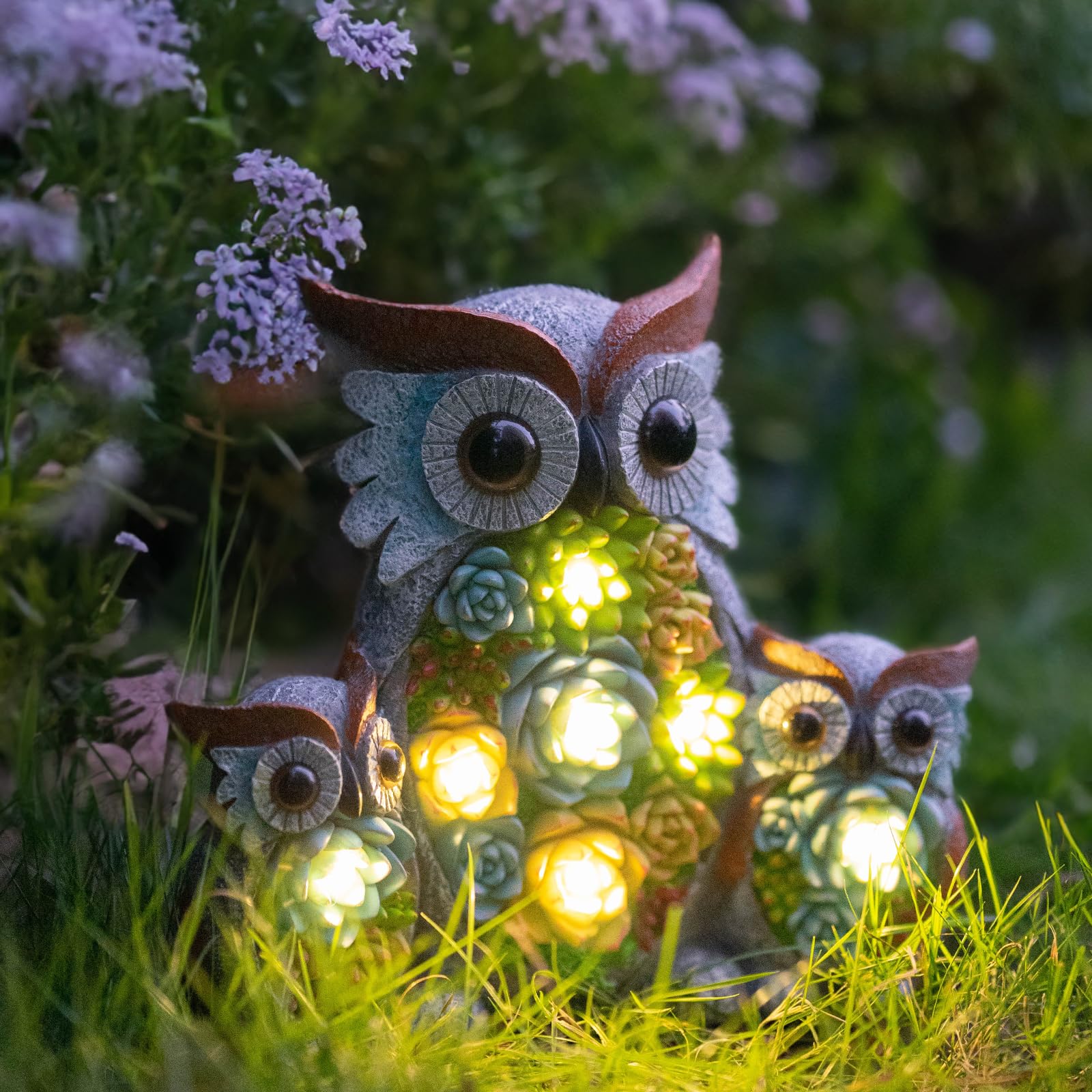 Candieslife Solar Garden Statue Lights Owl Figurine With Led Lights, Outdoor Garden Succulent Ornaments Waterproof Decoration Fo