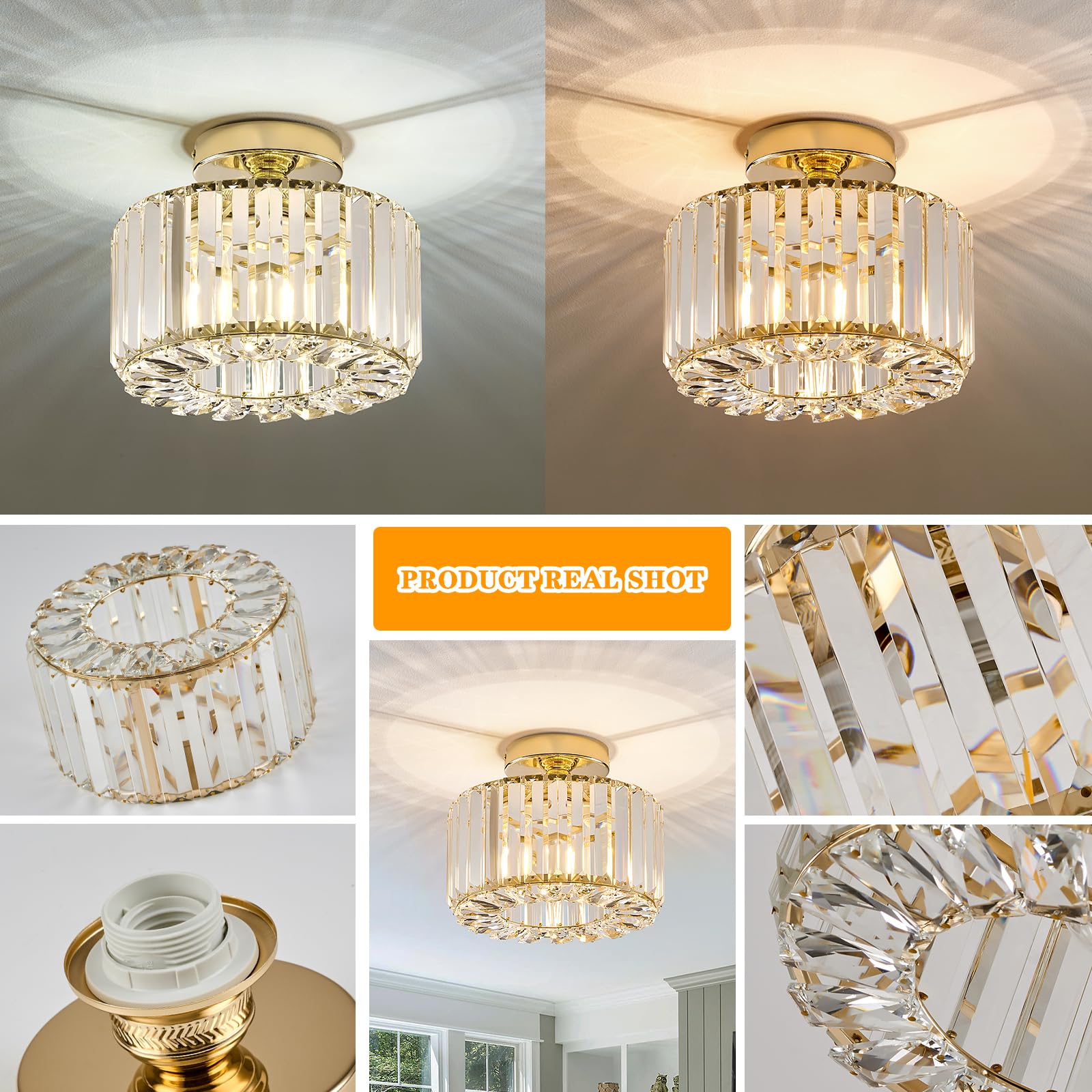 Buxvrcs Crystal Ceiling Light Fixture - Semi Flush Mount Chandelier, Gold, Medium, Model Sjd-12B, Perfect For Kitchen, Bedroom, Bathroom