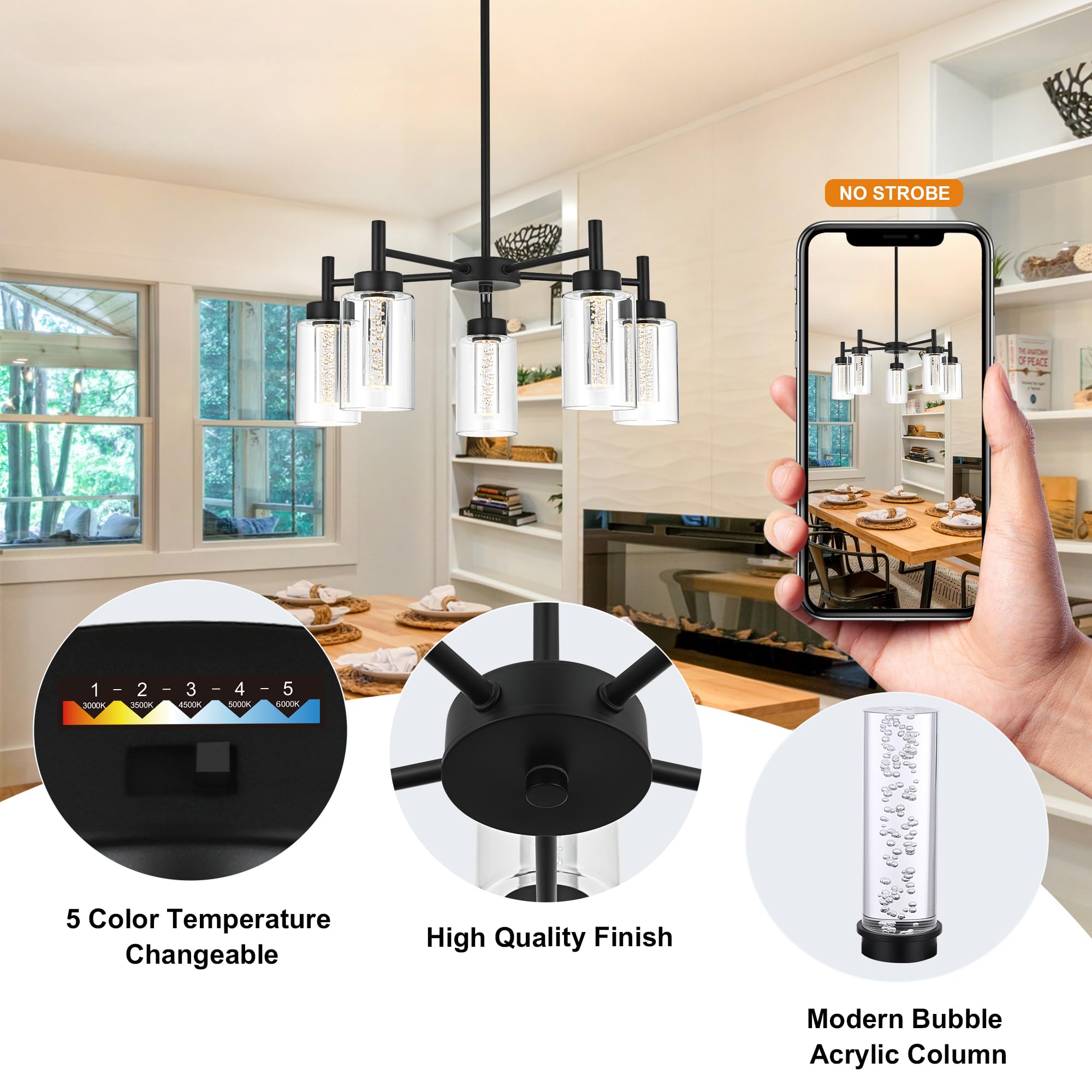 VINLUZ 5 Light LED Pendant Chandelier, Black Metal with Crystal Glass Shade, Model LED1810-5-11 for Dining Room, Kitchen, Cafe Bar