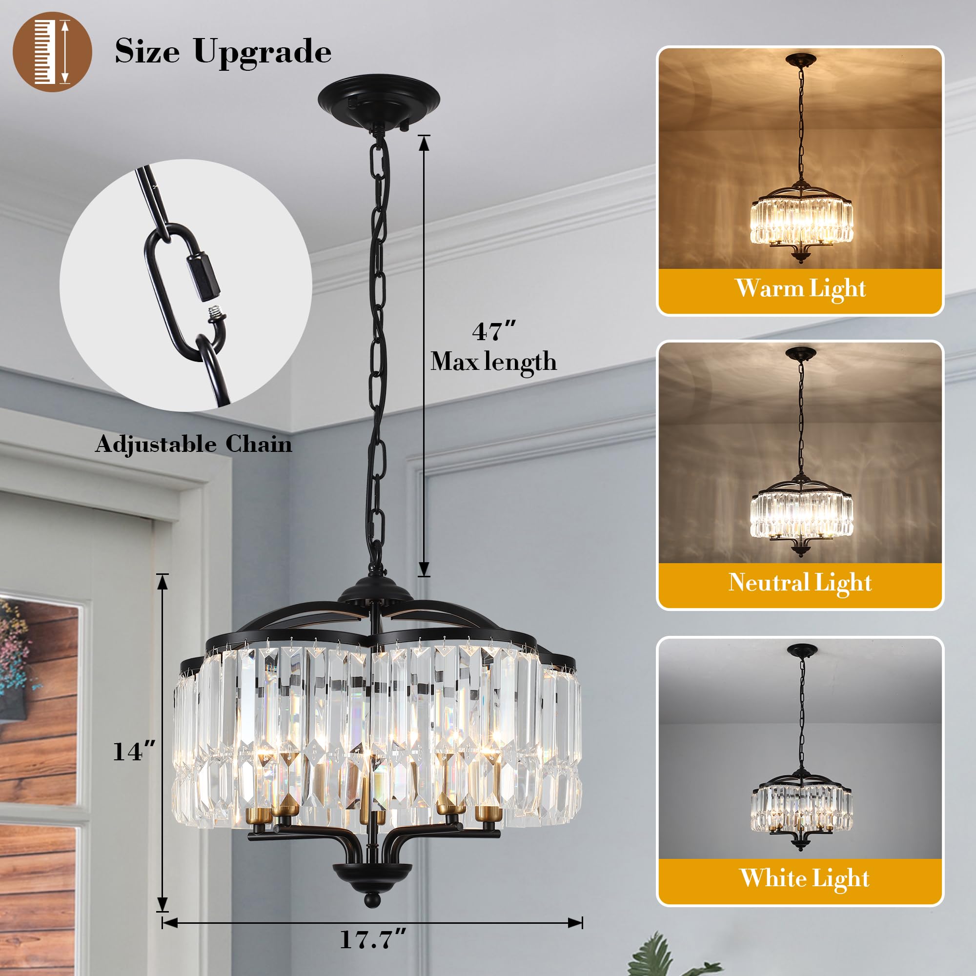 Yidelloc Modern Crystal Chandelier - 5-Light Black Pendant Light Fixture for Dining Room, Foyer, Kitchen - Adjustable K9 Crystal