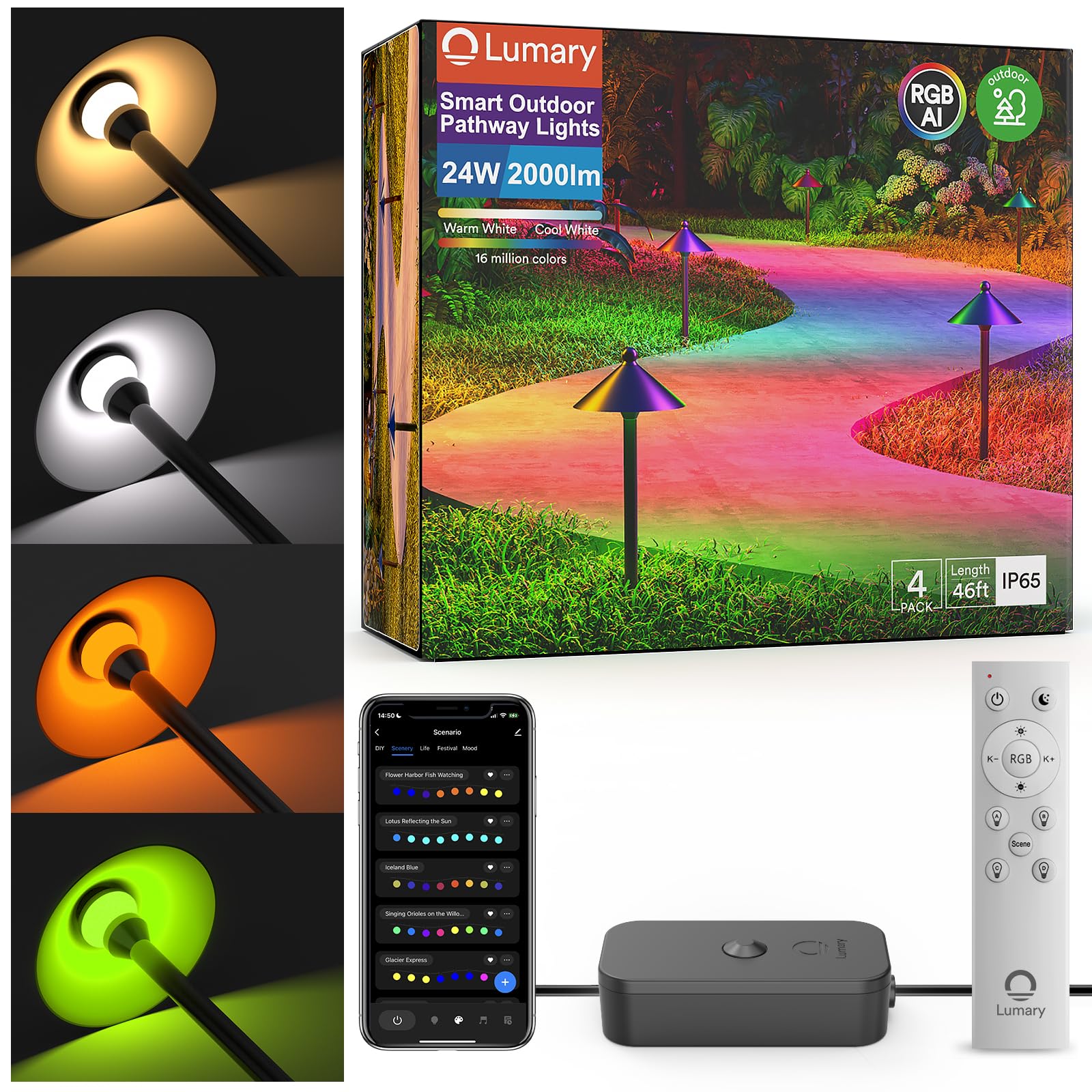 Lumary Smart Low Voltage Pathway Lights, 4 Pack Landscape Path Lights with RGBAI Color Changing, IP65 Waterproof Outdoor Lightin