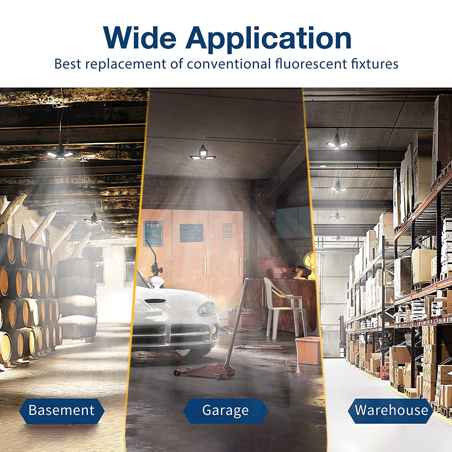 KONPWAY Deformable LED Garage Lights - 5000 Lumen, 50W, 2 Pack, Daylight, Plastic Metal, Model Garage Light 50W-2