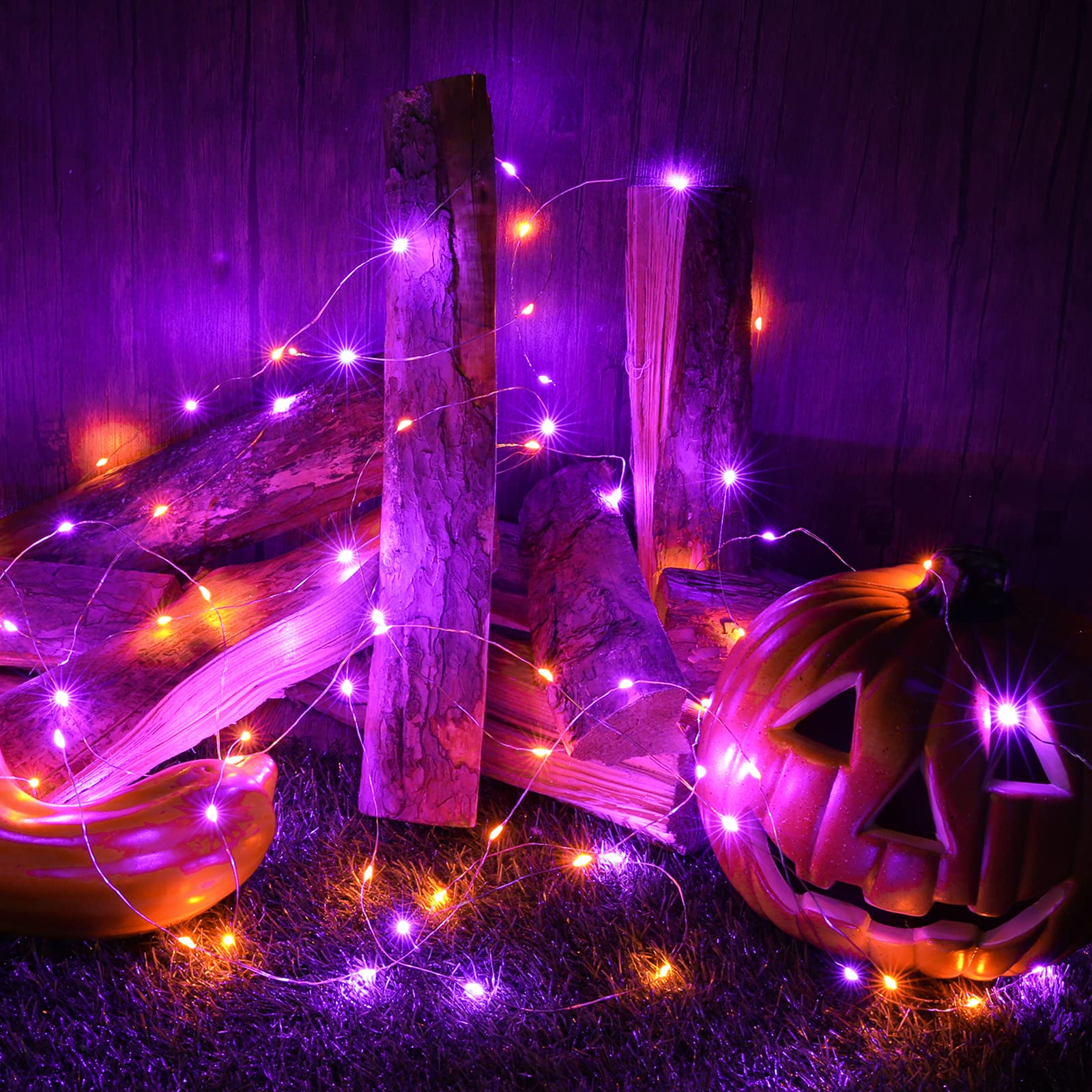 Joomer Halloween Lights, 50 LED Twinkle Fairy Lights, 16.4Ft, Battery Operated, Orange/Purple, 2 Modes