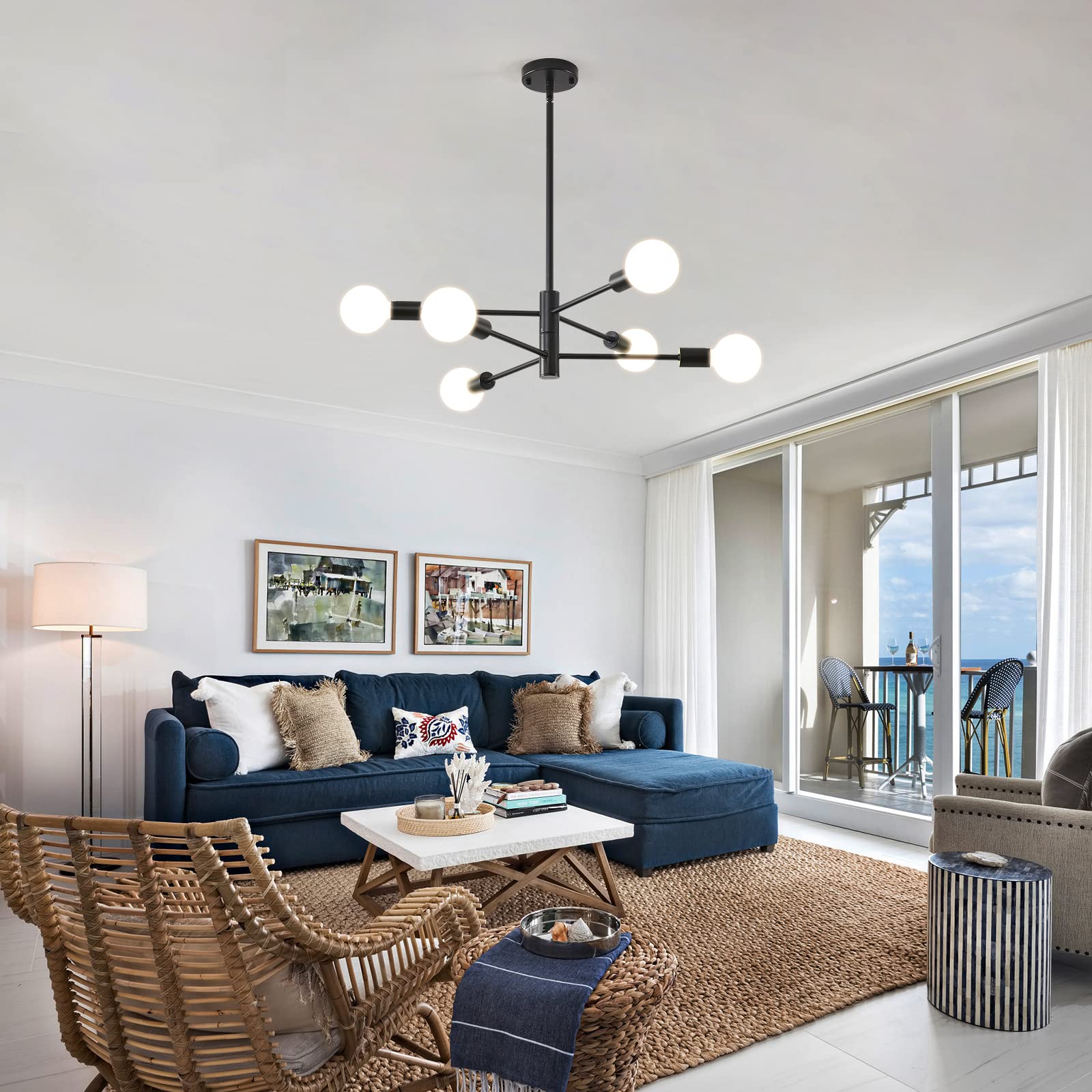 Hhr Modern Sputnik Chandelier - Industrial 6-Light Black Pendant Light For Kitchen & Living Room