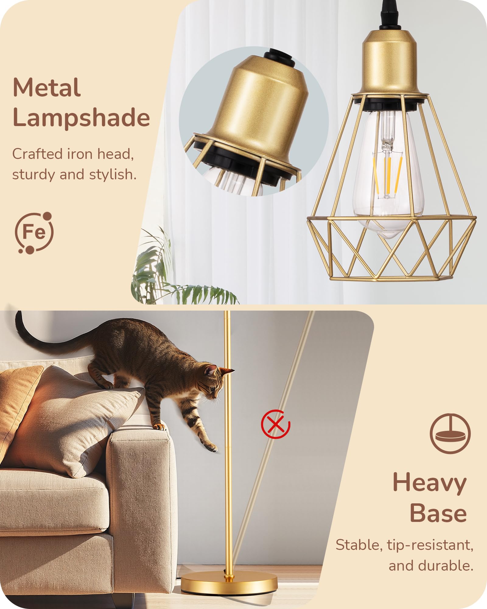 EDISHINE 70in  Dimmable Industrial Floor Lamp, Gold Metal, 3 LED Edison Bulbs, Model HLFL03L