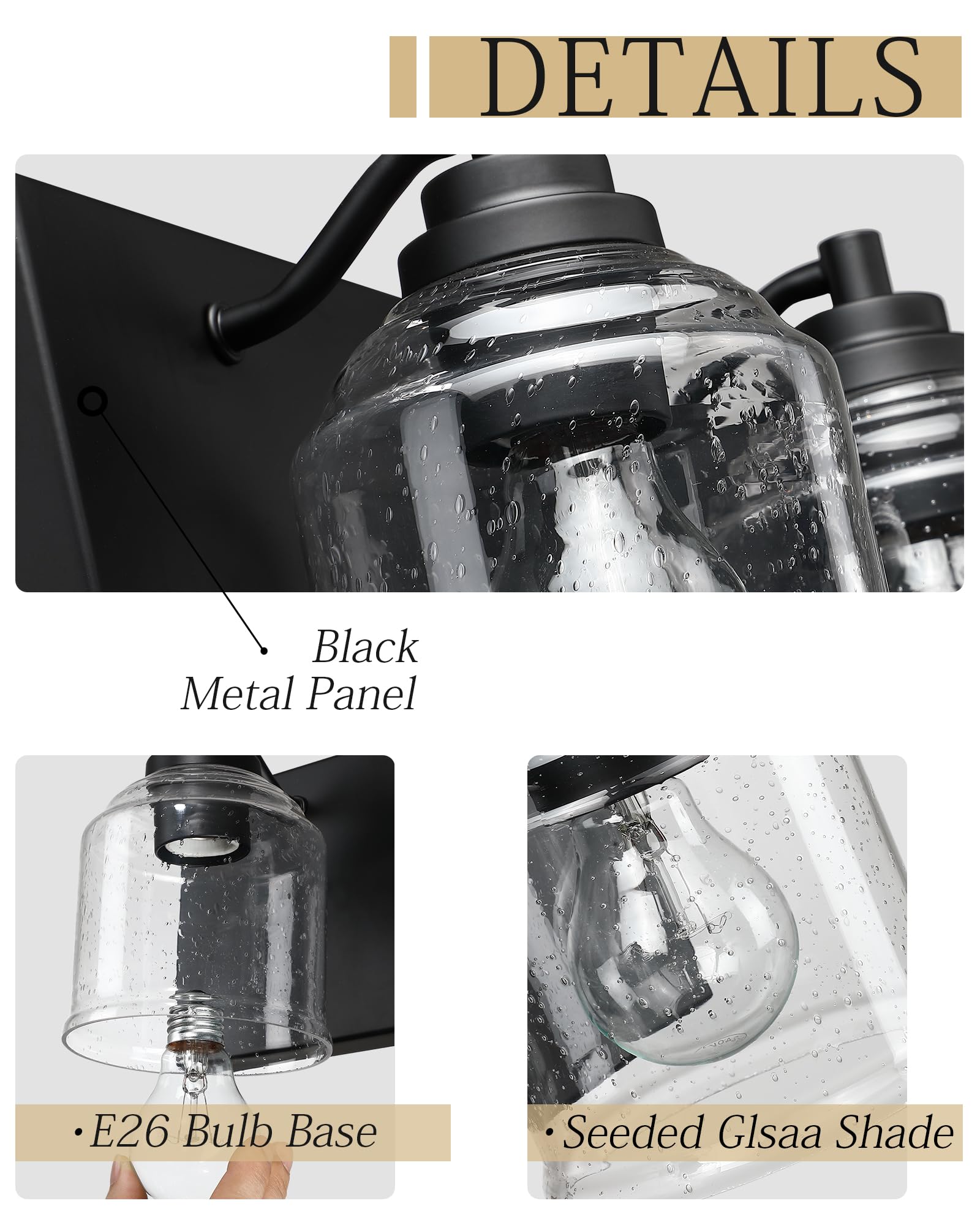 YKLITG 4-Light Black Metal Farmhouse Bathroom Vanity Light with Bubble Glass Shades, Model BD005 S
