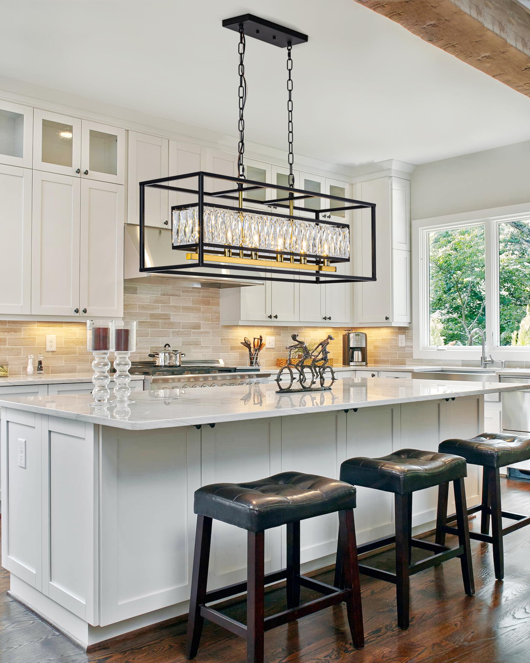 Vezzio Modern Farmhouse 6-Light Crystal Chandelier, Black & Satin Brass, Rectangular Pendant Light for Dining Room and Kitchen Island