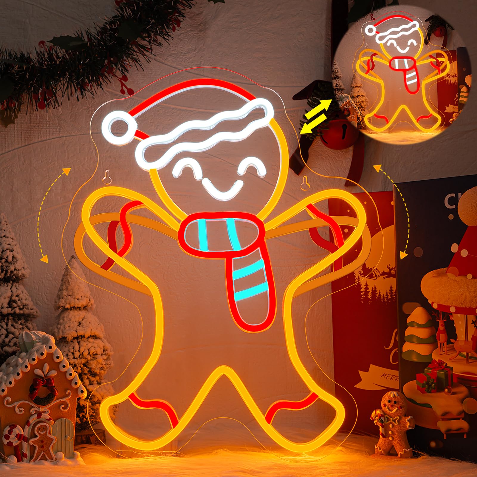 Wlhope Gingerbread Man Neon Sign Santa Hat Neon Signs For Wall Decor Gingerbread Sign Christmas Decorations Led Lights For Party Bar Club Bedroom Living Room Restaurant Shop Gifts