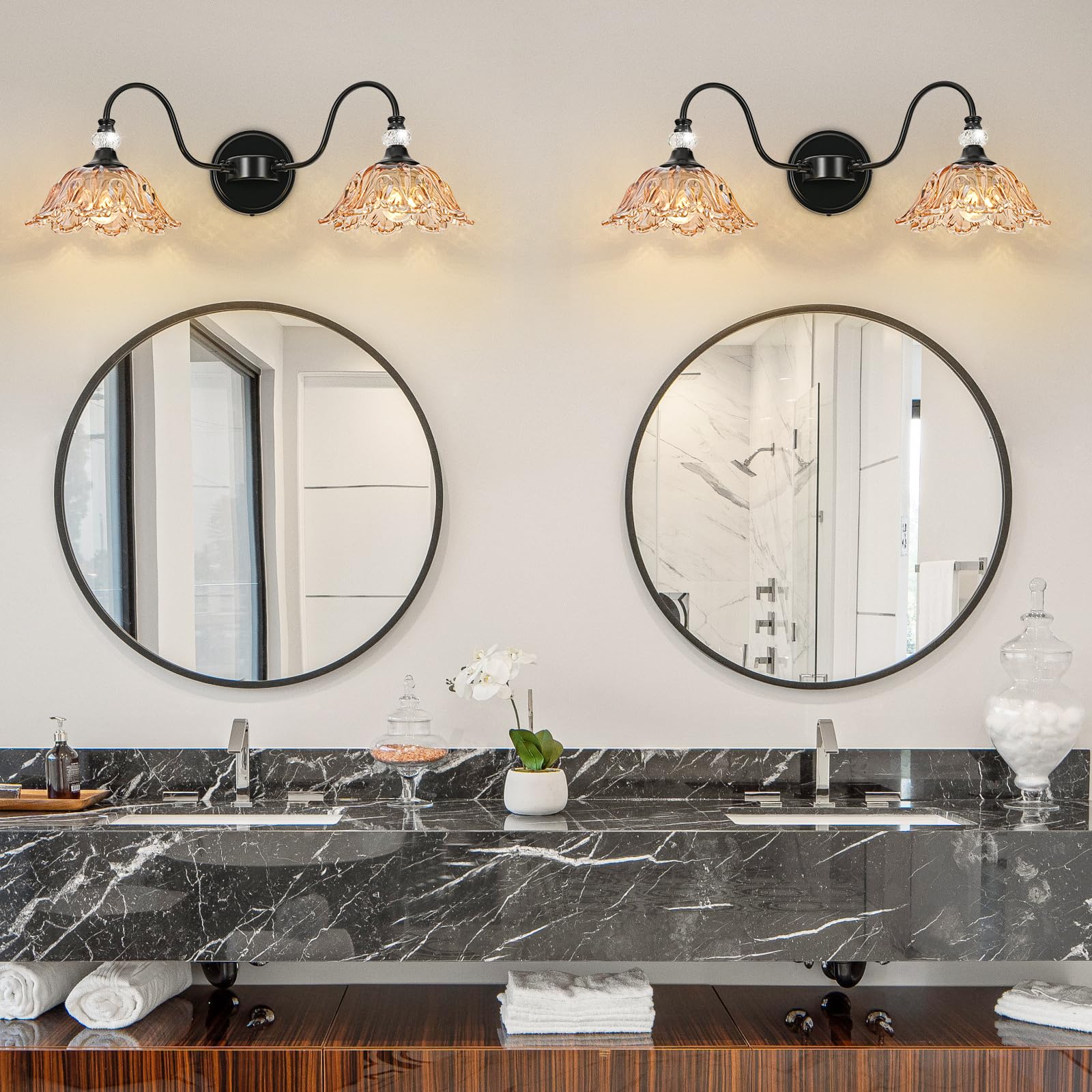 sunkryster 2-Light Black Bathroom Vanity Light with Floral Amber Glass Shades, Vintage Farmhouse Wall Mount, Model Sun-104AB-2-Black-Amber