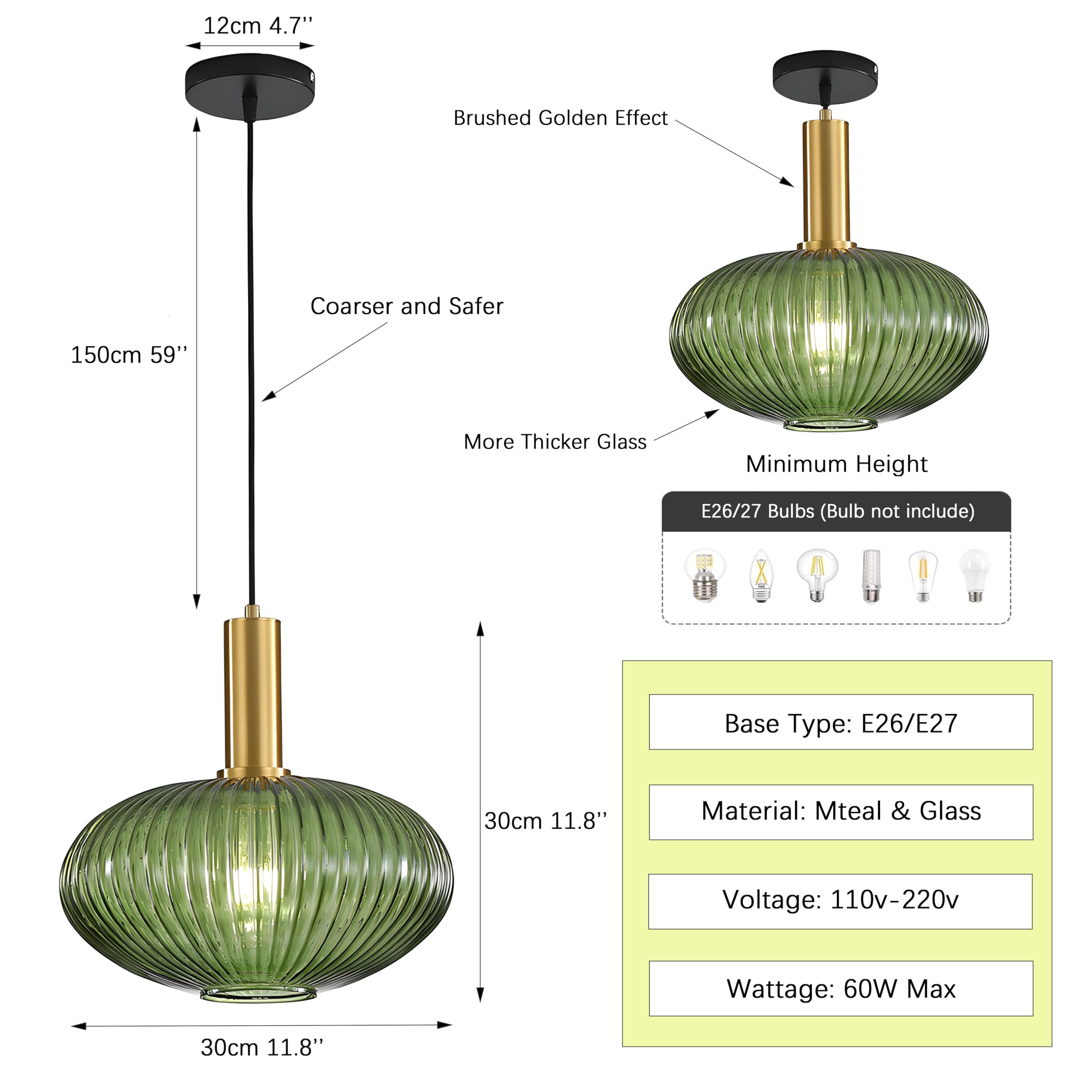 I-Xun Green Modern Pendant Light, 11.81'' Striped Glass Fixture For Kitchen & Dining Room