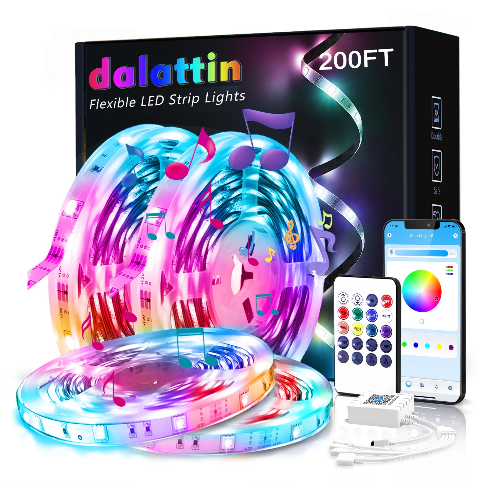Dalattin Led Strip Lights 200Ft, Bluetooth Control, Color Changing, Music Sync, Multicolor, Vinyl Material, Aacf0241520W-Jaus0