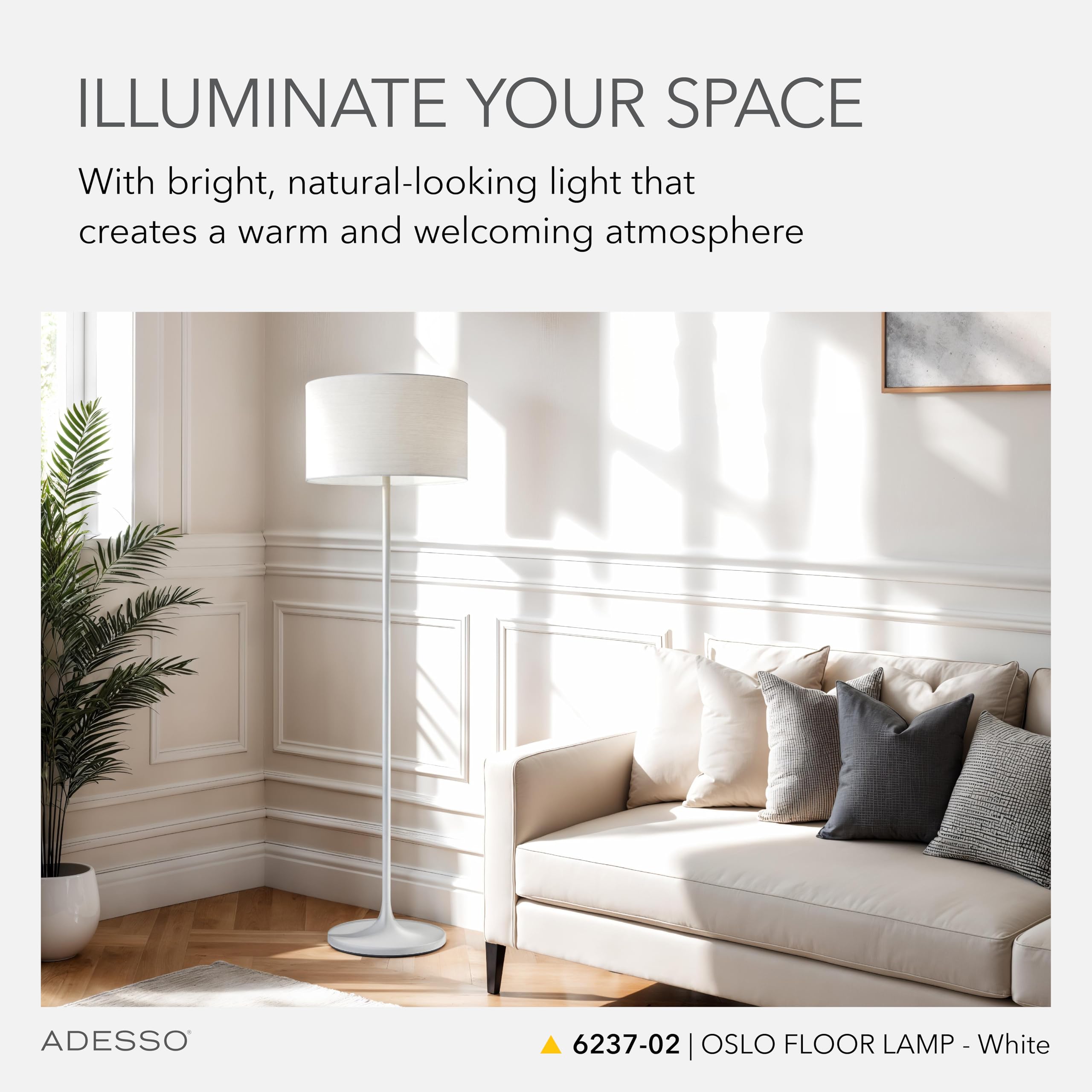 Adesso Floor Lamp - Scratch Proof, Corrosion Resistant, Matte White, Model 6237-02, Ideal for Bedroom and Living Room Decor