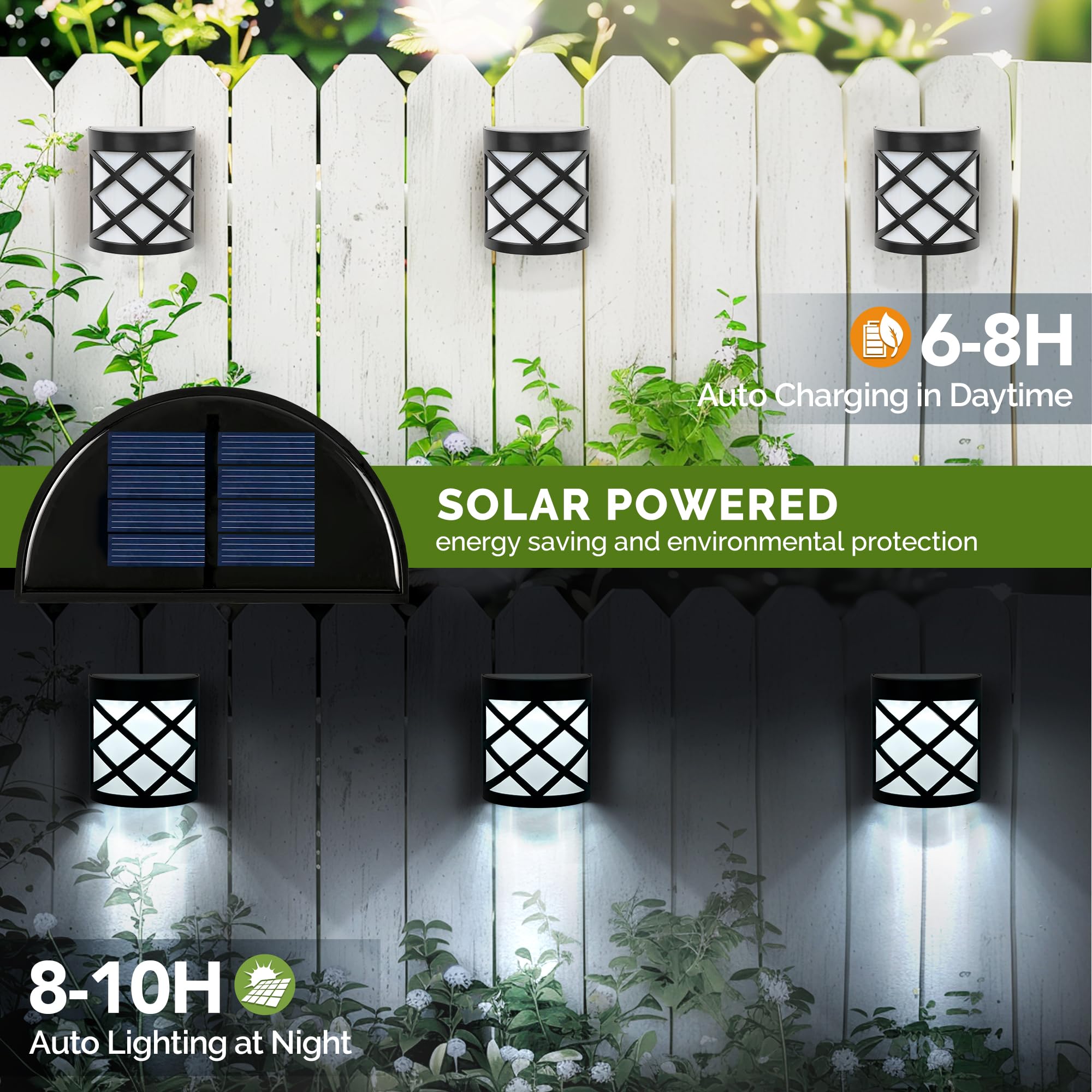 GIGALUMI Solar Fence Lights - 8 Pack Waterproof Outdoor Wall Lights, Cold White, Plastic for Deck, Patio, Stairs, Yard, Pathway