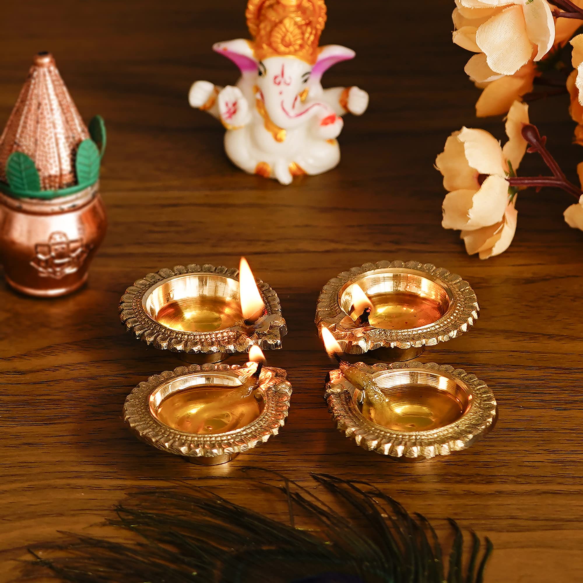 eCraftIndia Set of 4 Decorative Handcrafted Golden Brass Diyas - Ideal for Festivals, Home Decor, and Thoughtful Gifting - Diwal