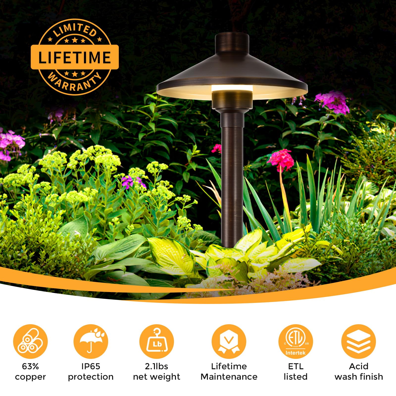 Gardencoin Solid Brass Low Voltage Pathway Lights (6.7'' Shade, 21.9'' Tall), 12V Ac/Dc Heavy Duty Led Landscape Path Lights Outdoor Wired, Antique Bronze Walkway Lights With Larger Stake, 6-Pack