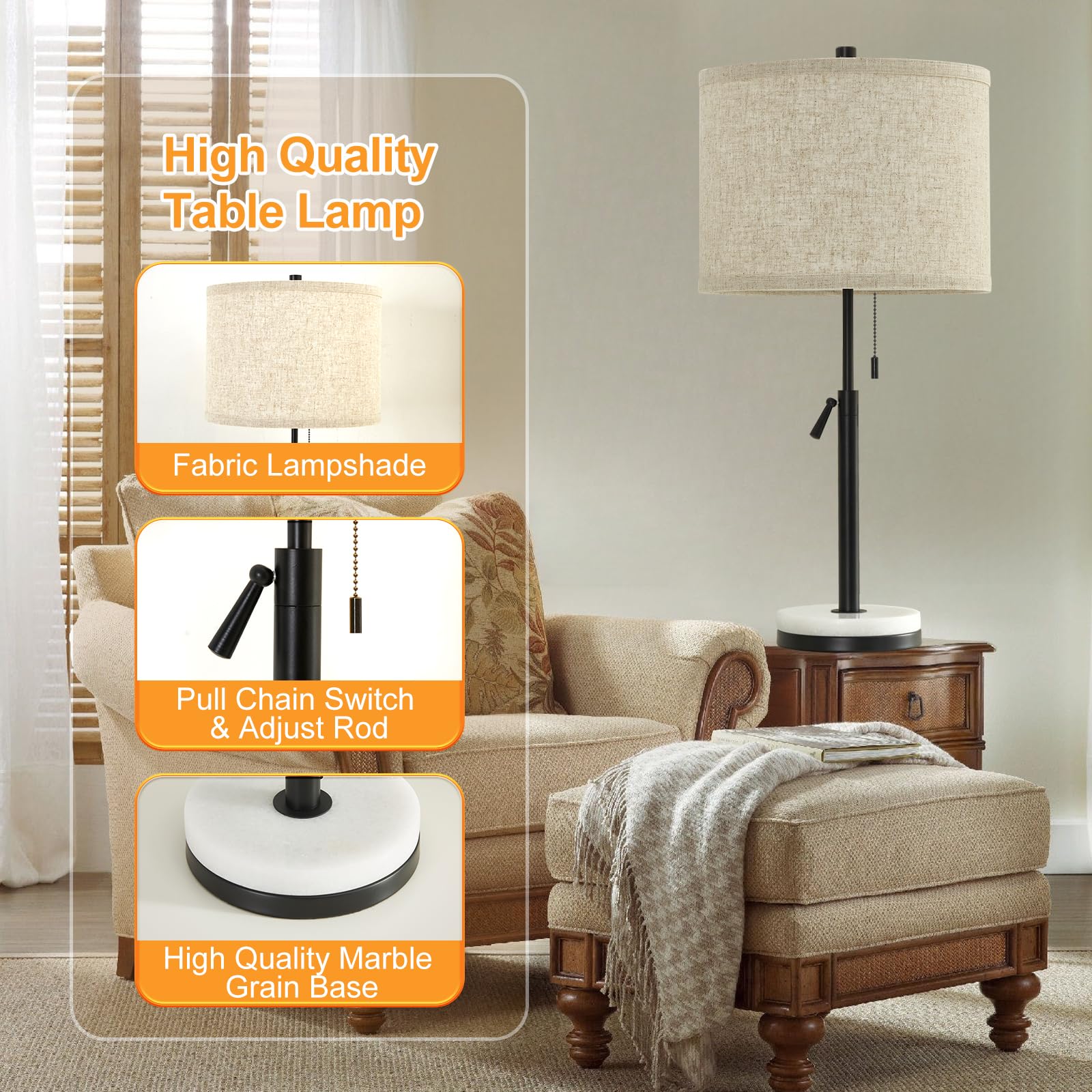 Gyrovu Set Of 2 Adjustable Height Black Marble Table Lamps With Pull Chain For Living Room, Bedroom, Office - Bulbs Not Included