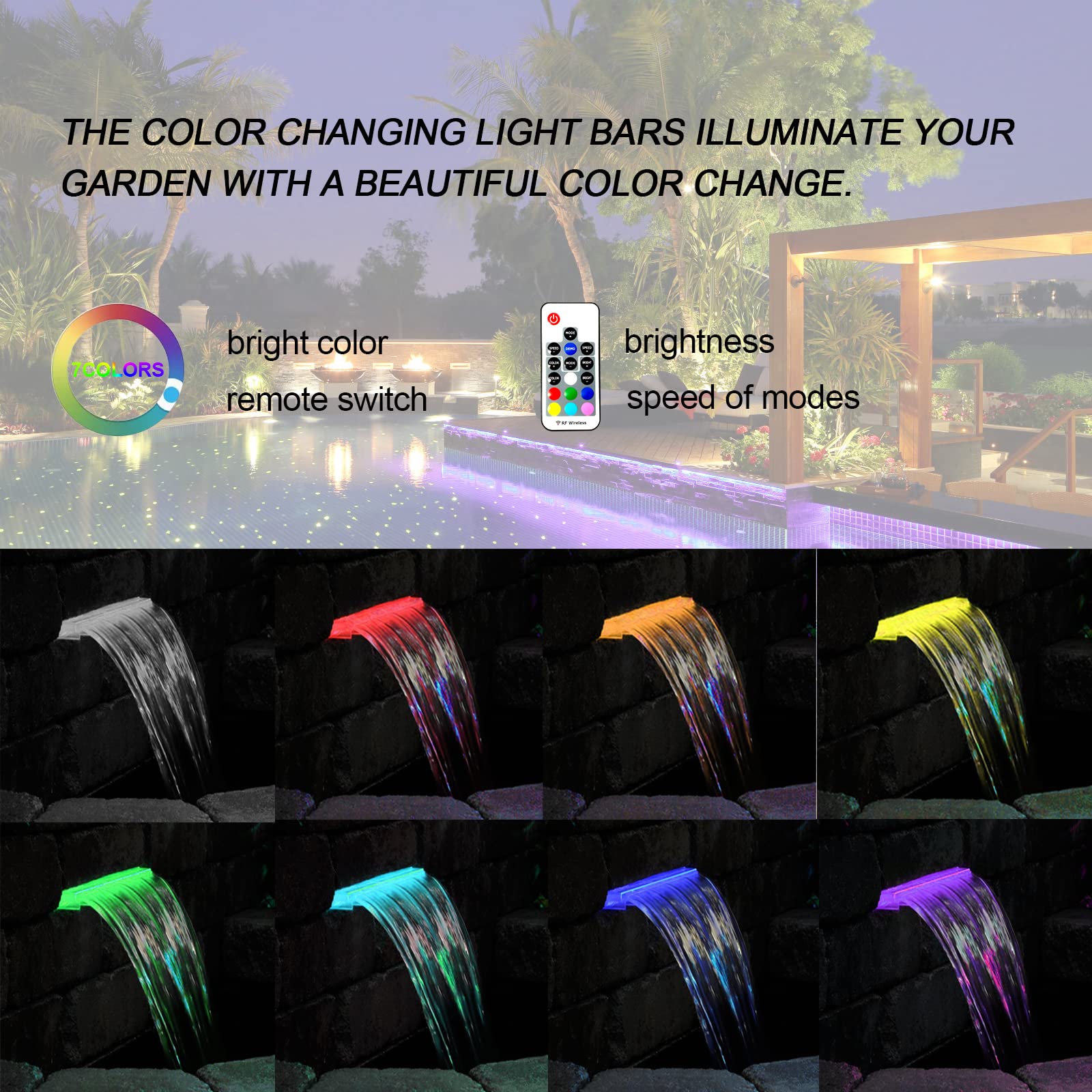 Longrun 34.85" LED Strip - Waterproof Color Changing Garden Lights for Pond, Pool, and Home Decoration - Black, Polycarbonate